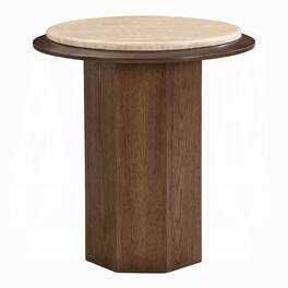 Manhattan Lane - Pery Side End Table, 22 Inch Beige Travertine Stone Top - Beige, Walnut Brown