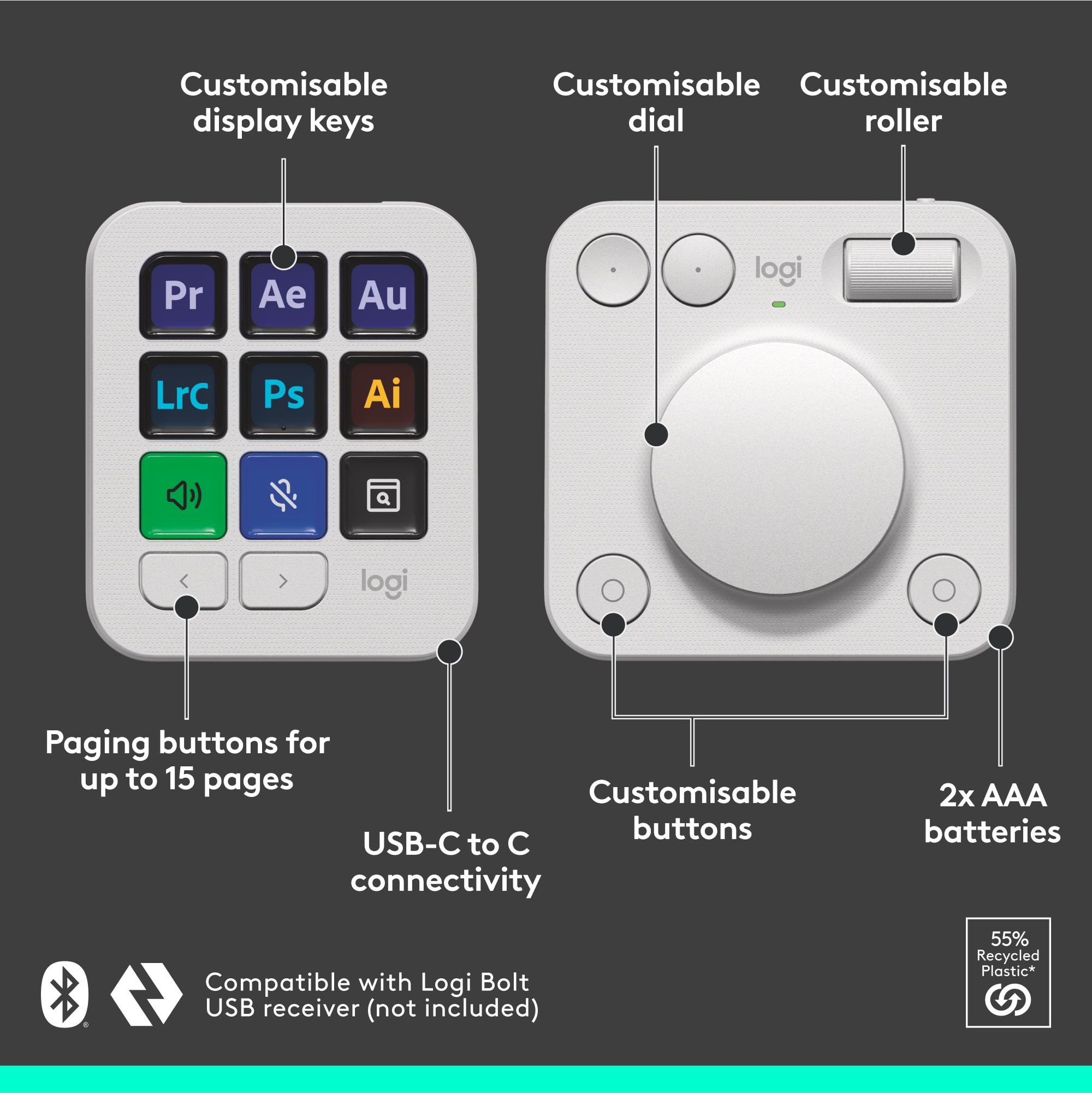 Customisable display keys, Customisable dial roller, Paging buttons for up to 15 pages, Customisable buttons, USB-C to C connectivity, 2x AAA batteries, Compatible with Logi Bolt 4 USB receiver (not included), 55% Recycled Plastic.