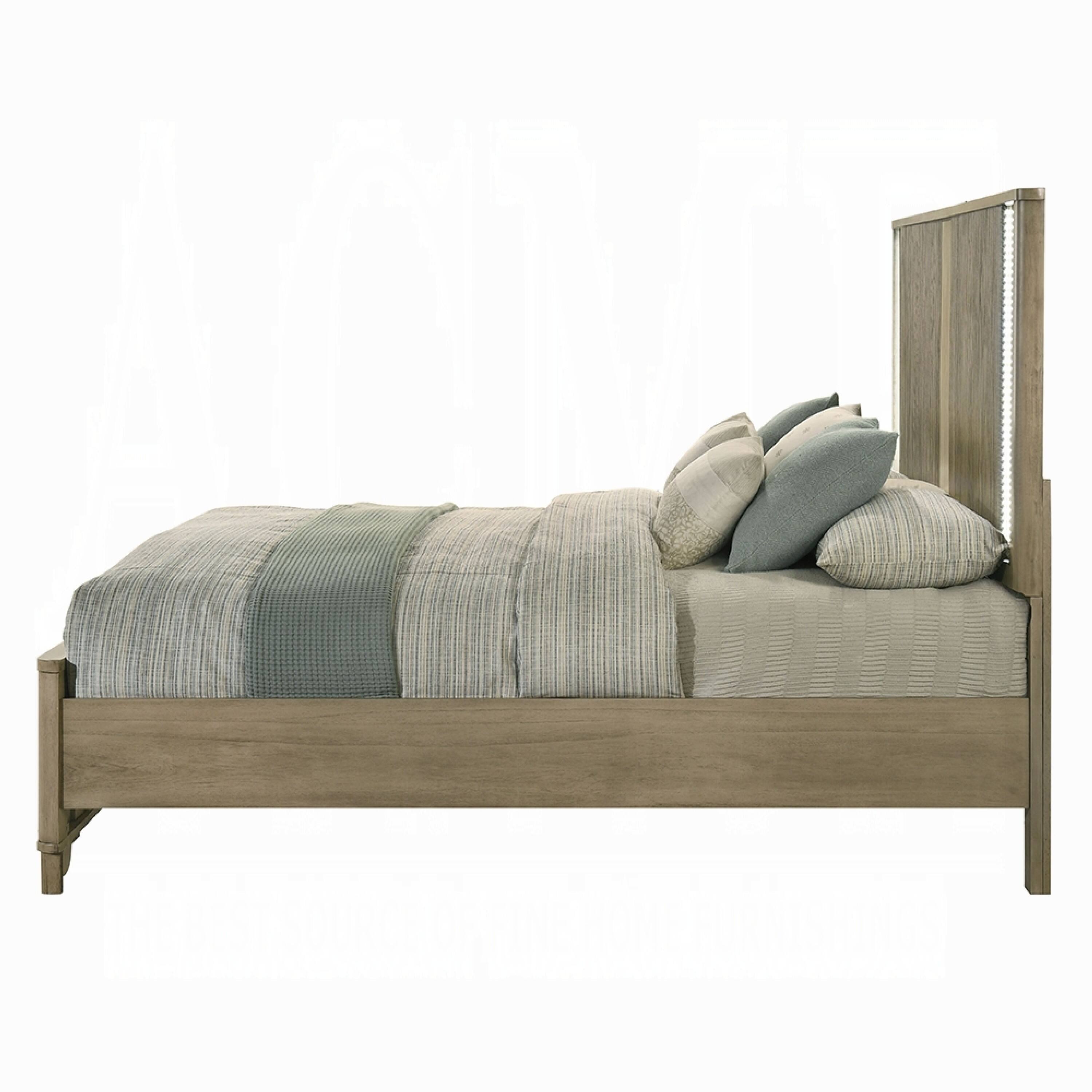 Alt View 2. Manhattan Lane - Leky Queen Bed, LED Headboard, Fluted Patterns, Antique Oak Brown Wood - Oak Brown.