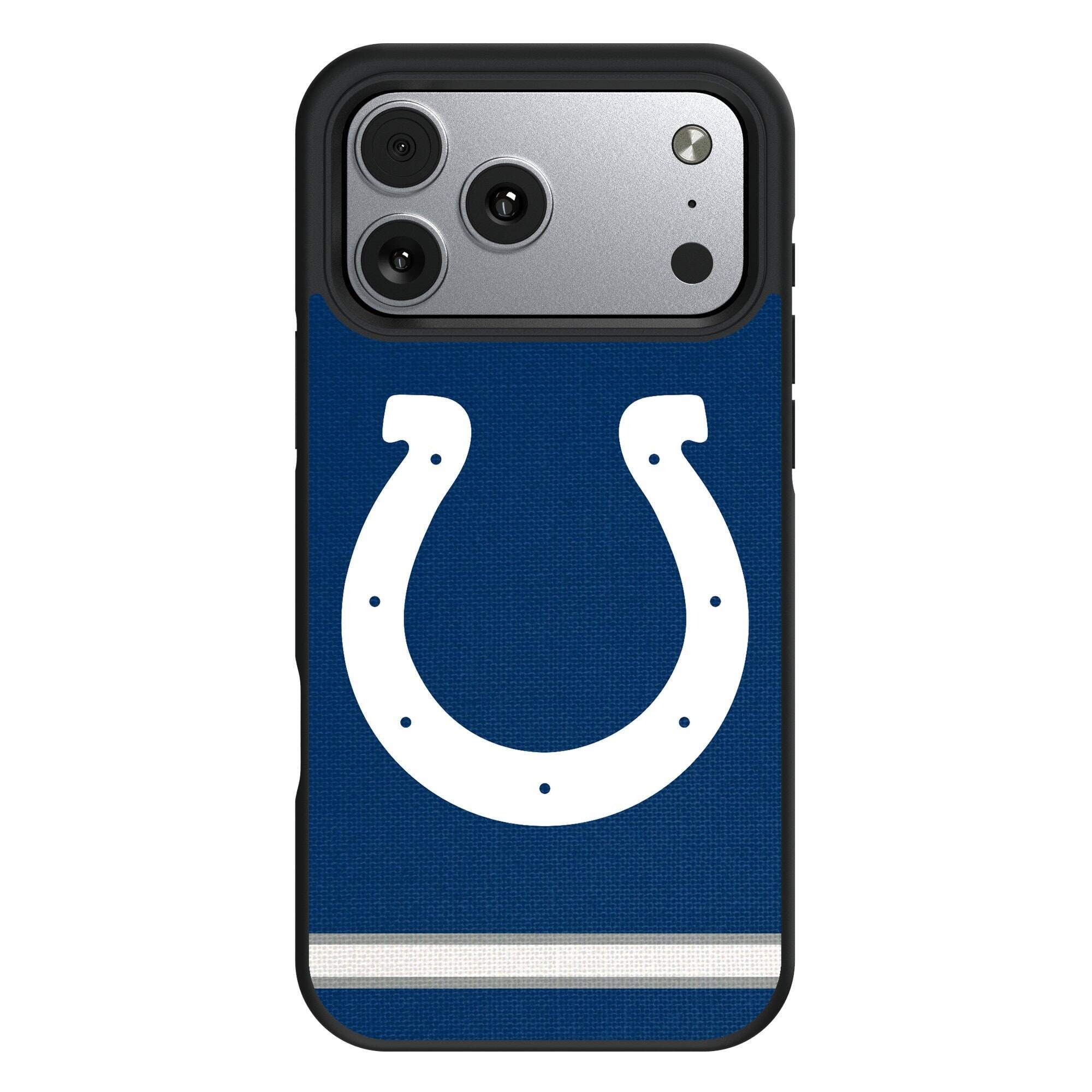 Front. Keyscaper - Indianapolis Colts iPhone Stripe Design Bump Case - 15 Pro Max - Multicolor.