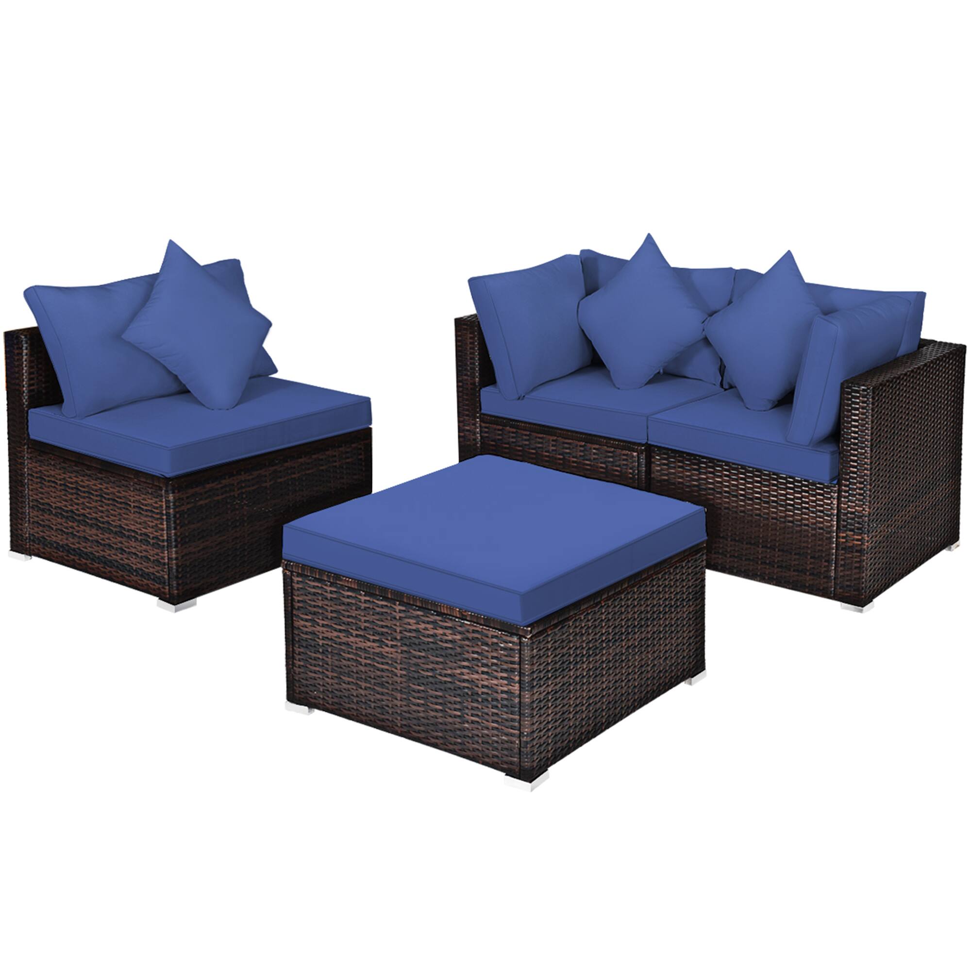 Alt View 1. Gymax - Gymax 4PCS Rattan Patio Conversation Furniture Set Yard Outdoor w/ Navy Cushion - Navy.