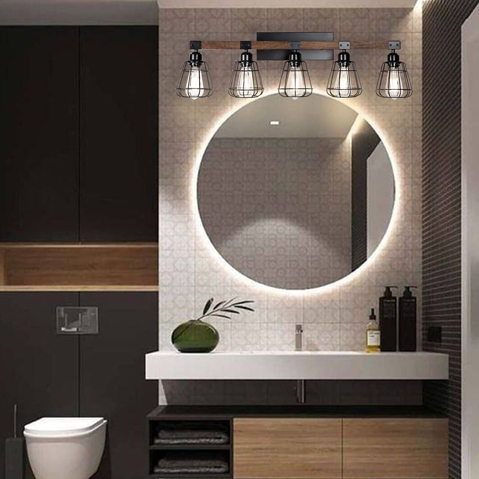 Left. Dazzling Pops - Lights Modern Wall Lighting Over Mirror Bathroom Vanity Light Fixtures Farmhouse Wood Metal Cage Industrial - 4-Light.