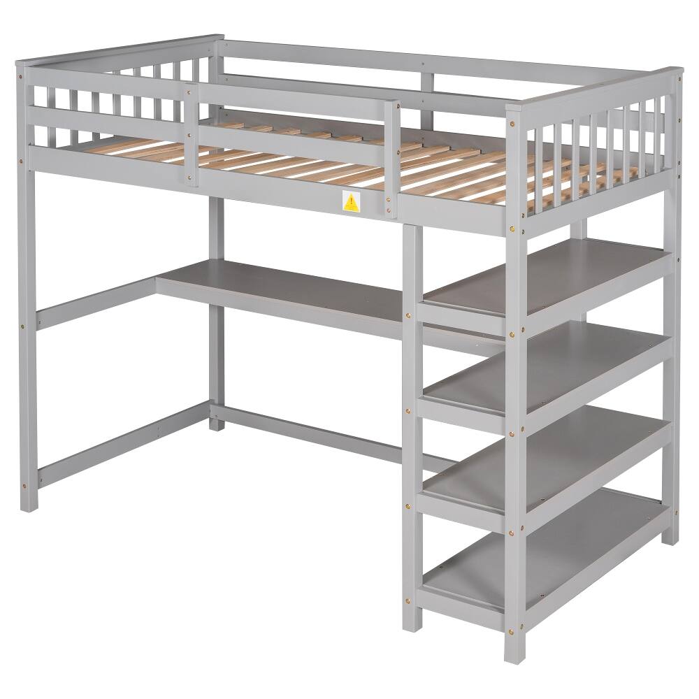 Alt View 8. Loheer - Loheer Twin Loft Bed with Desk and Storage Shelves, Solid Pine Wood Space-Saving Bed Frame, Gray - Gray.