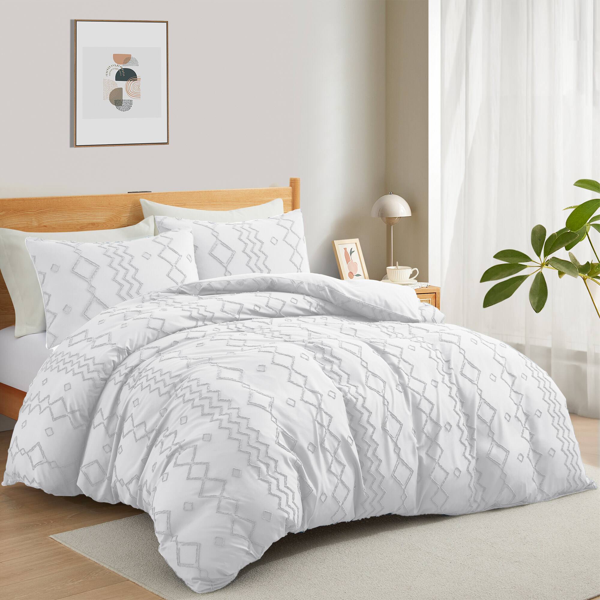 Angle. Nest - Peace Nest Tufted Clipped Jacquard Geometric Duvet Cover Diamond Pattern Bedding Set with Pillowcase - White.