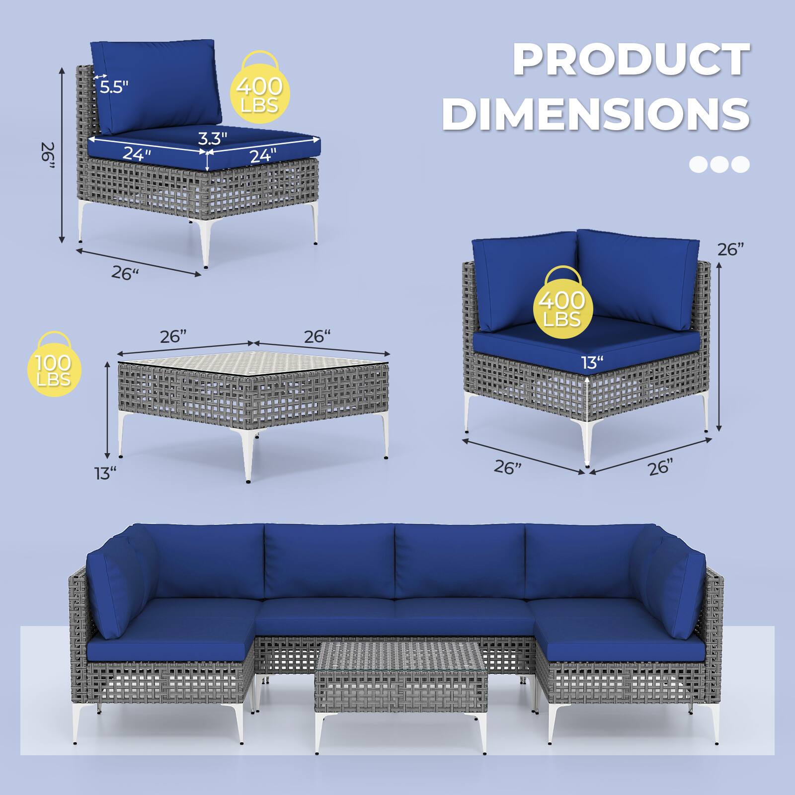 PRODUCT DIMENSIONS

26" 5.5" 24" 400 LBS 3.3" 24"

100 LBS 26" 26" 26" 400 LBS 13" 26" 13" 26" 26"