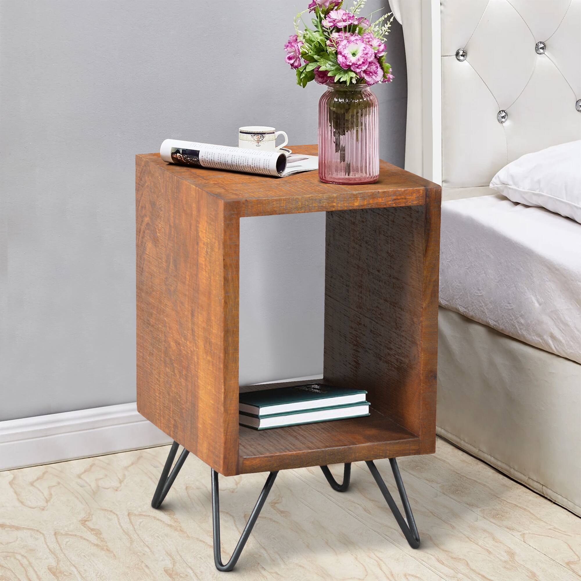 Alt View 5. Manhattan Lane - 22 Inch Textured Cube Shape Wooden Nightstand with Angular Legs - Brown and Black.