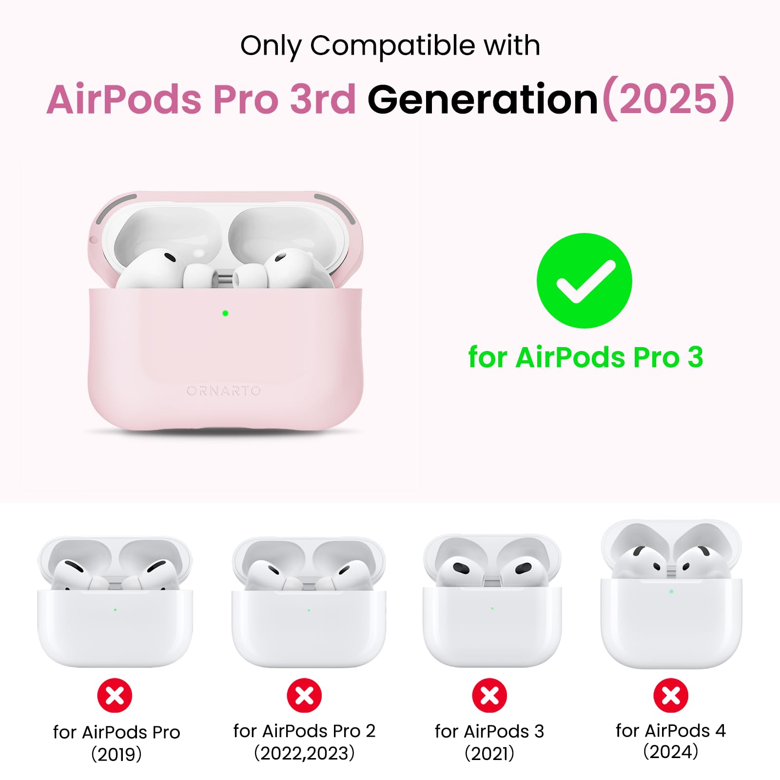 Only Compatible with AirPods Pro 3rd Generation (2025) for AirPods Pro 3  
ORNARTO x x x x for AirPods Pro (2019) for AirPods Pro 2 (2022,2023) for AirPods 3 (2021) for AirPods 4 (2024)