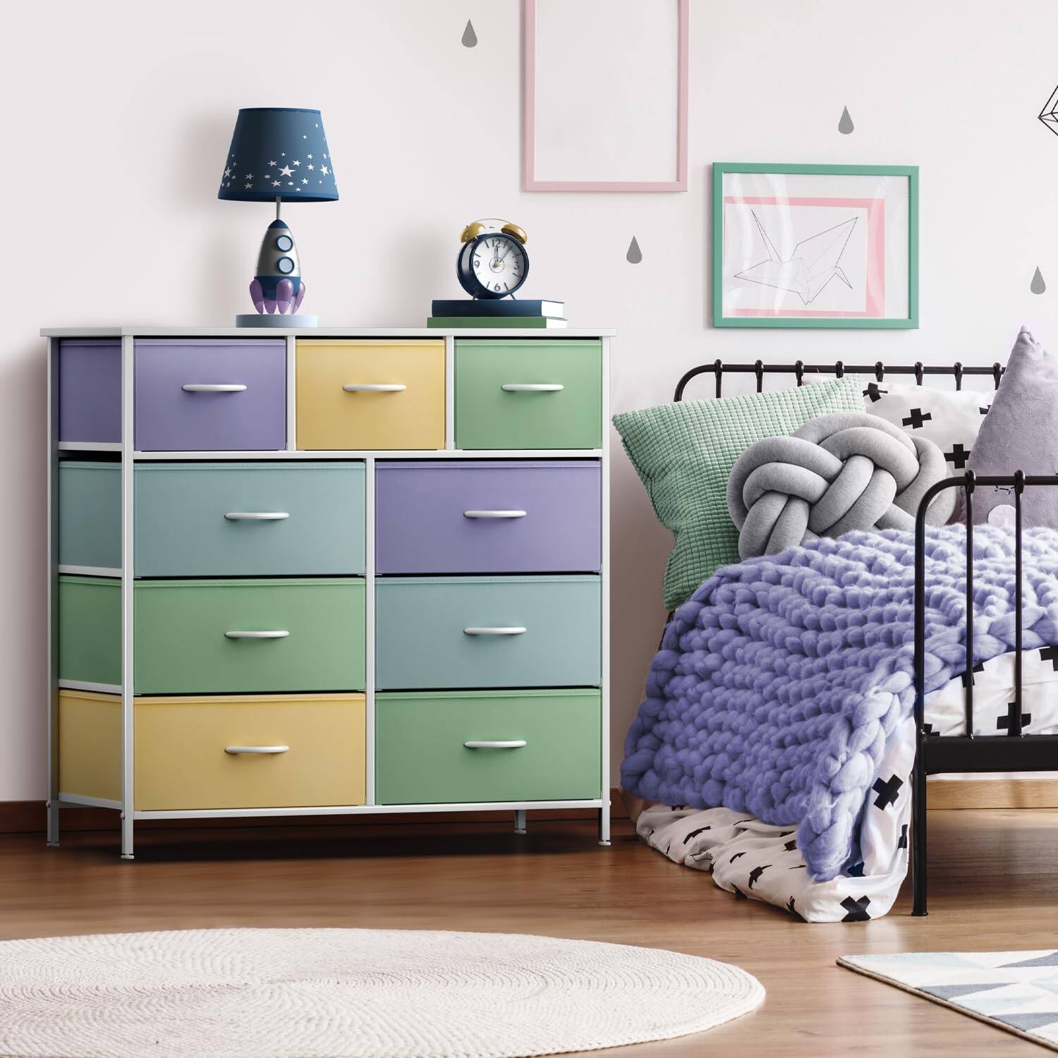 Angle. Sorbus - Sorbus 9 Drawers Dresser - Furniture Storage for Bedroom, Closet, and More - Steel Frame, Wood Top, Fabric Bins - Pastel.