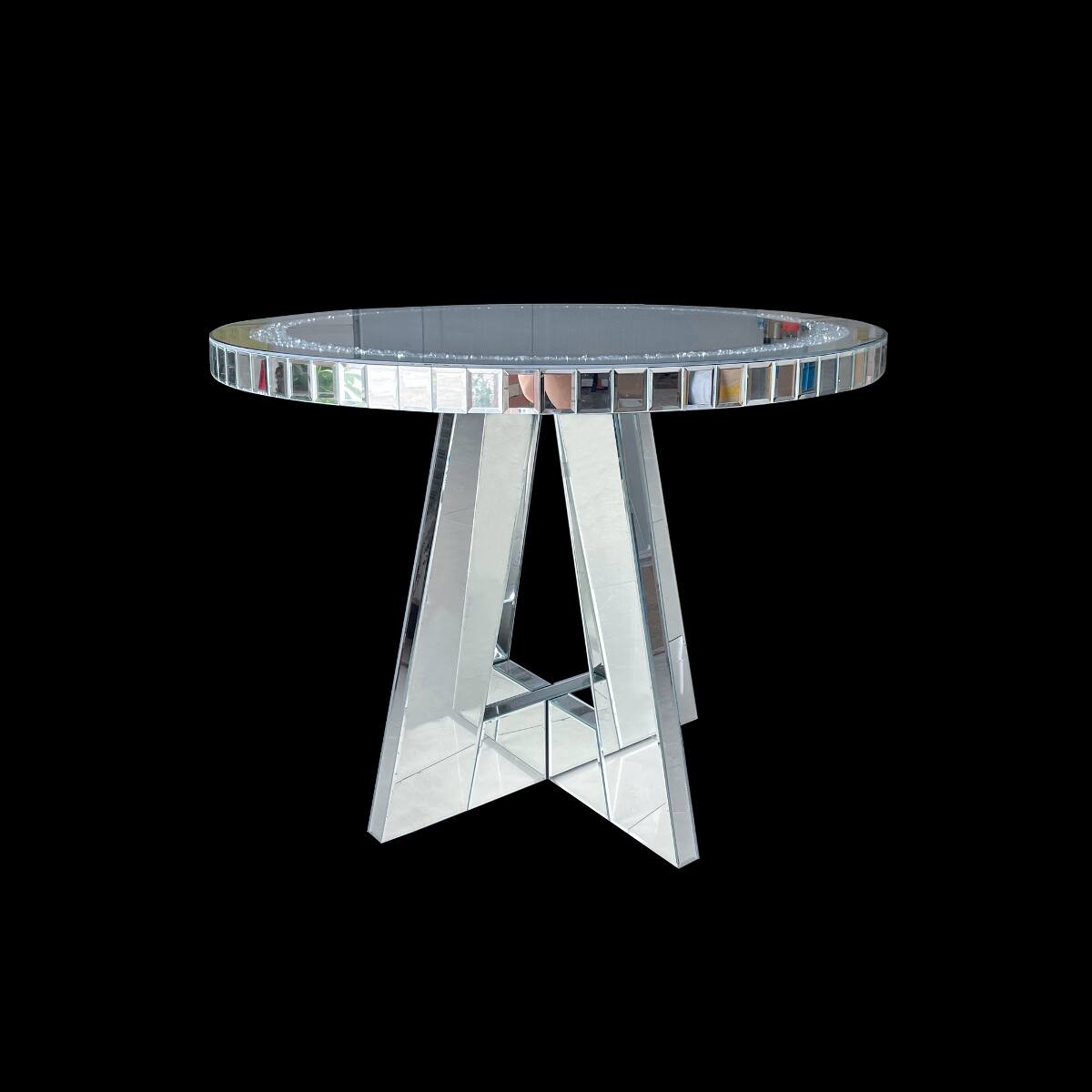Alt View 9. Loheer - Loheer Round Mirrored Dining Table with Crushed Diamond Glass Top and Mirrored Base - Silver.