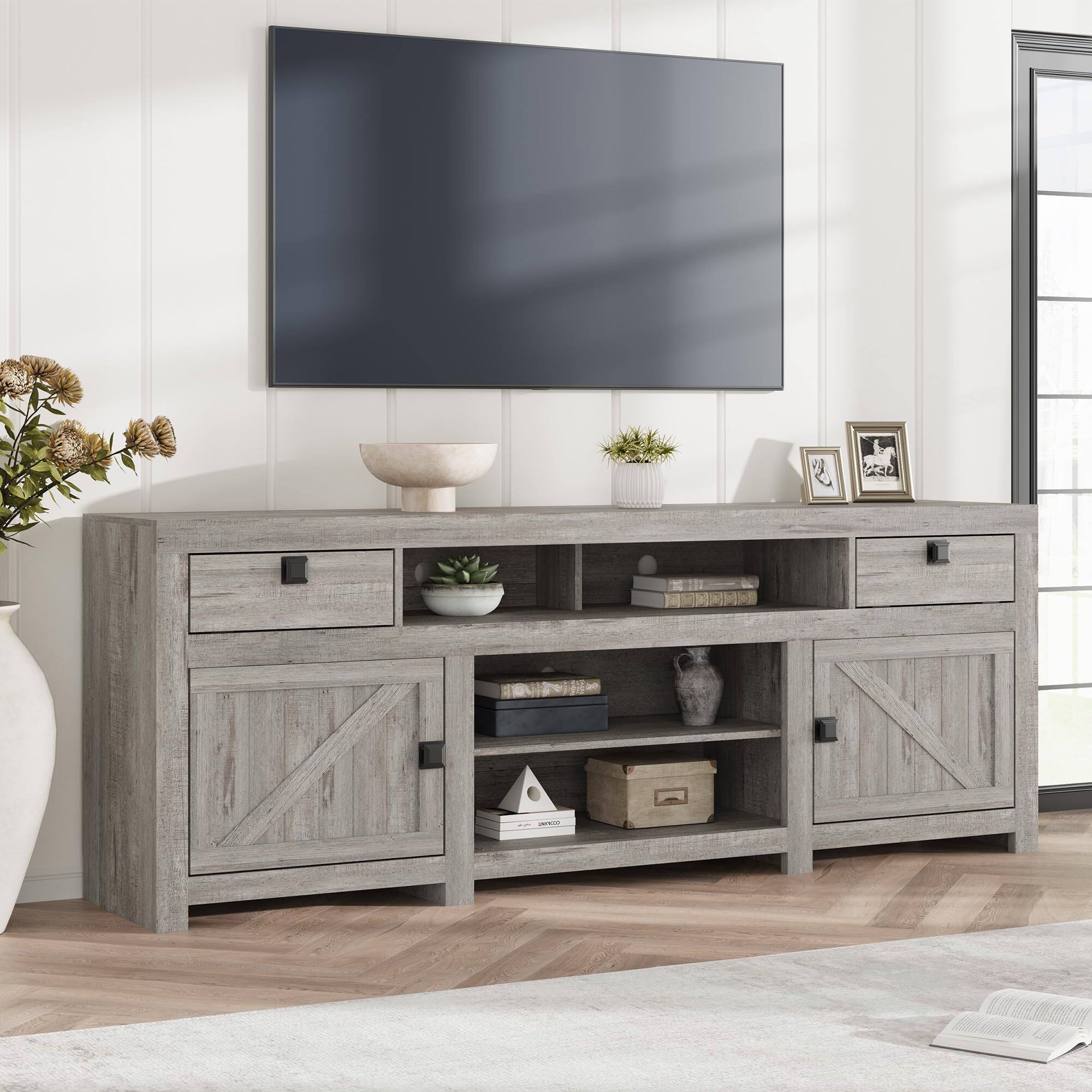 Left. Qeetex - 70" Farmhouse TV Stand for 80” TVs, Media Console with Drop-Down Doors, Storage Cabinets & Open Shelves - Black.