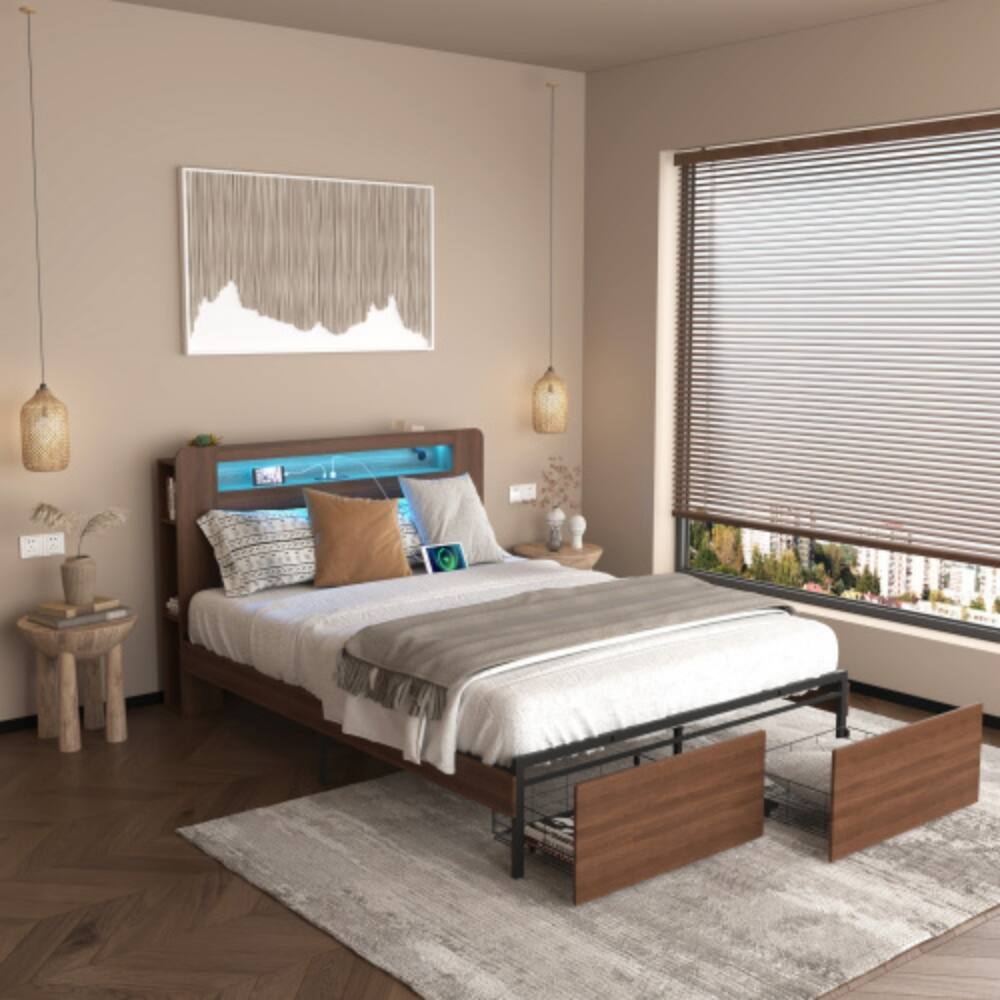 LUCKY ONE - Queen Size Wooden Platform Bed Frame with Bookcase Headboard, 2 Storage Drawers, LED Lights, USB Charging - Brown