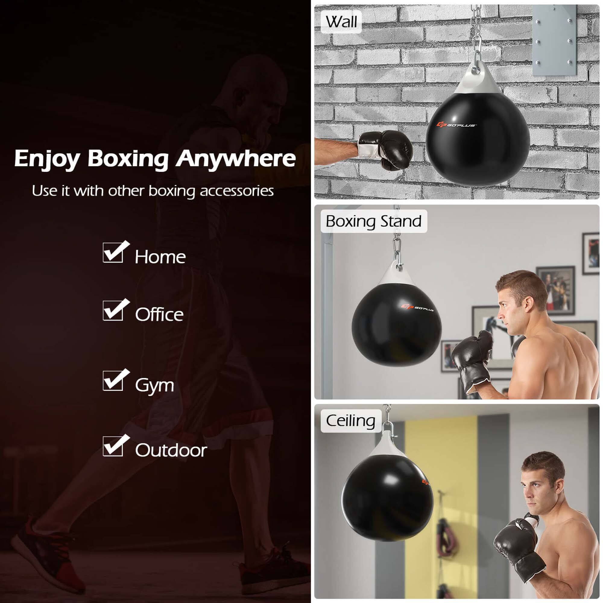 Enjoy Boxing Anywhere  
Use it with other boxing accessories  

- Home  
- Office  
- Gym  
- Outdoor  

Wall  
Boxing Stand  
Ceiling