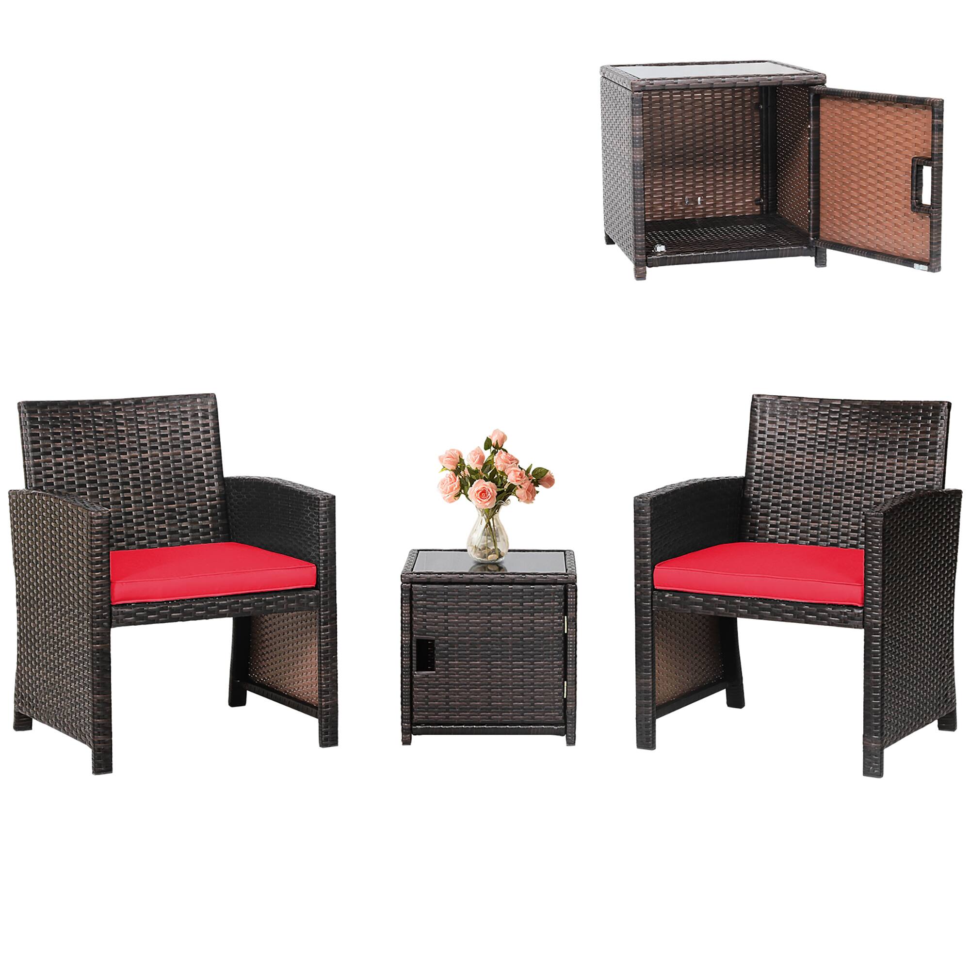 Alt View 1. Gymax - Gymax 3PCS Patio PE Rattan Conversation Furniture Set Bistro Set w/ Waterproof Cover Red - Red.