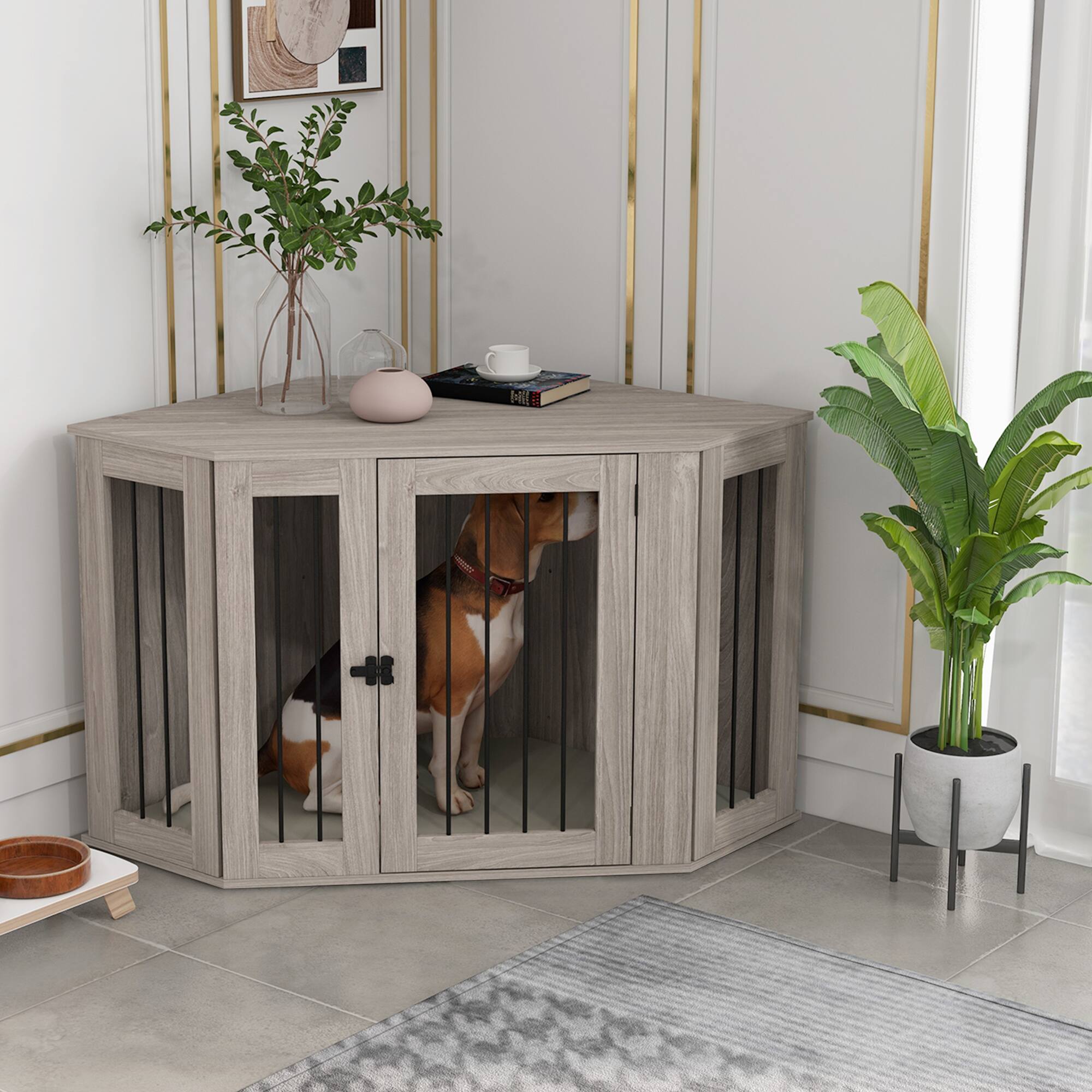 Angle. Pawhut - Corner Dog Crate Furniture, End Table Kennel with Cushion, Indoor Pet Crate for Large Dogs.