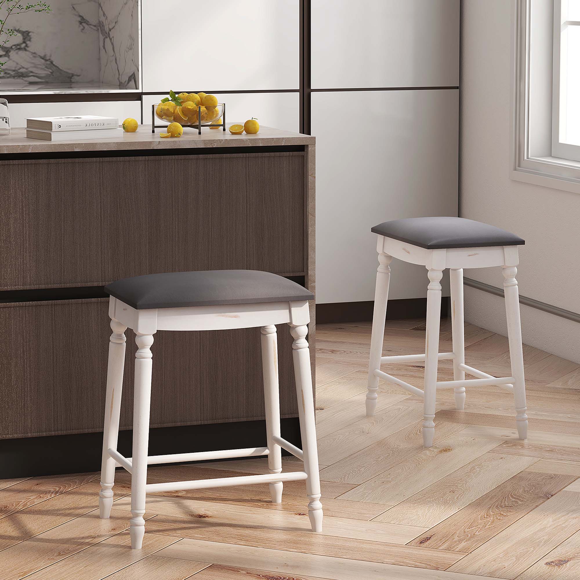 Alt View 3. Costway - 2 PCS 24" Counter Height Bar Stools Backless Bar Stools with Faux Leather Cover - White/Black.