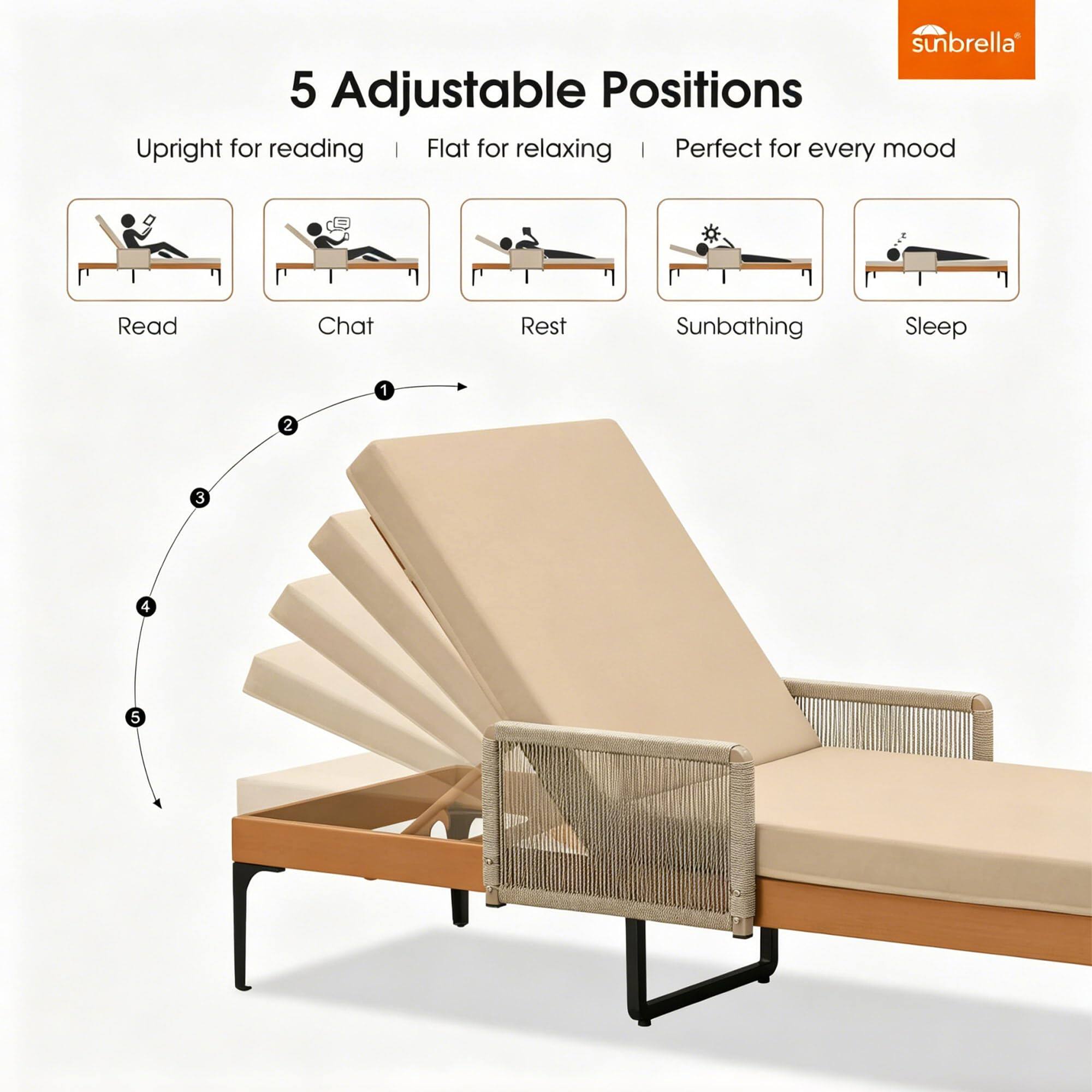 sunbrella* 5 Adjustable Positions Upright for reading | Flat for relaxing | Perfect for every mood Read Chat Rest Sunbathing Sleep