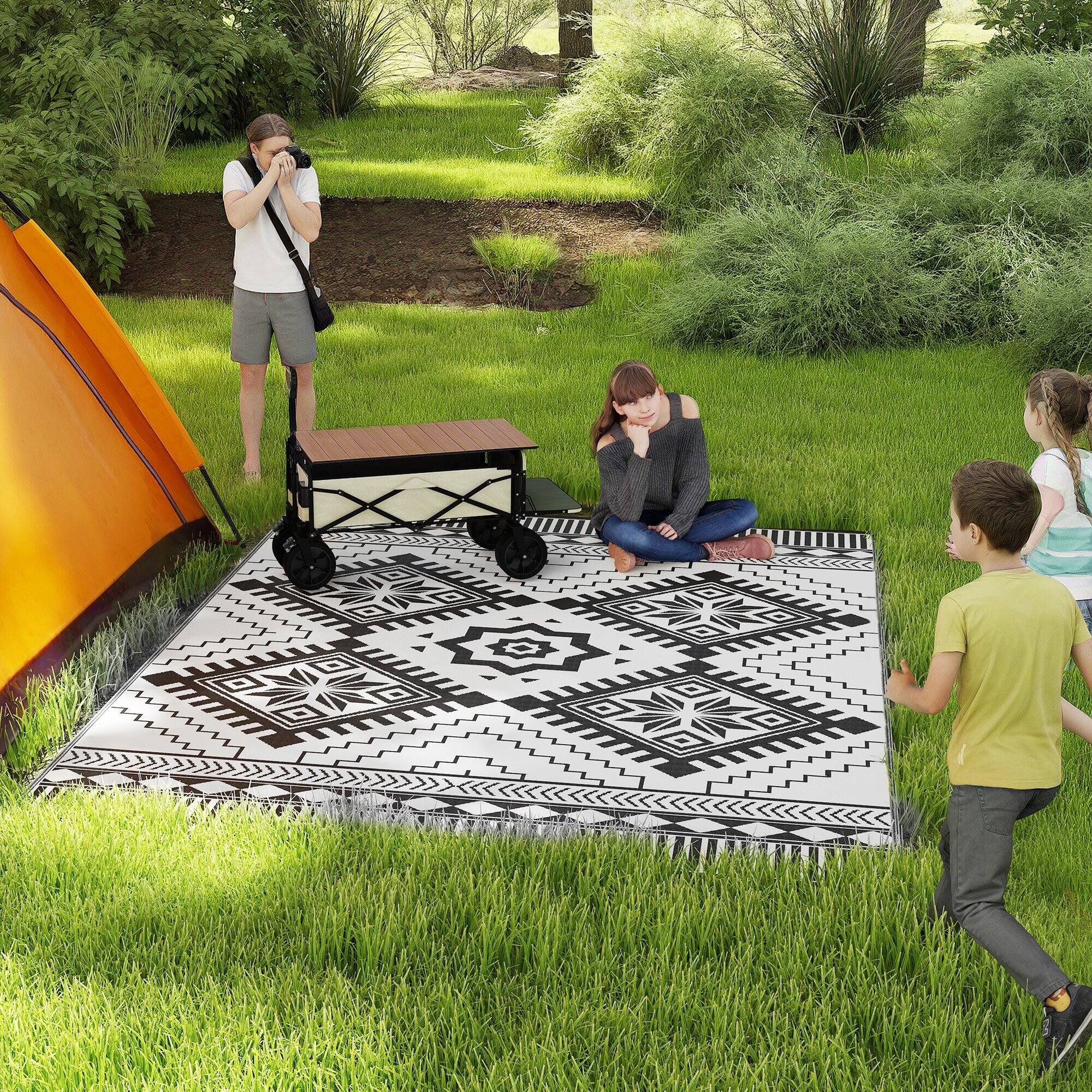 Alt View 1. Outsunny - Outdoor Rug for Patio, 9' x 18' Waterproof Large Mat, Reversible Plastic Straw Rug for Décor - White and Black Toothed Rhombus.