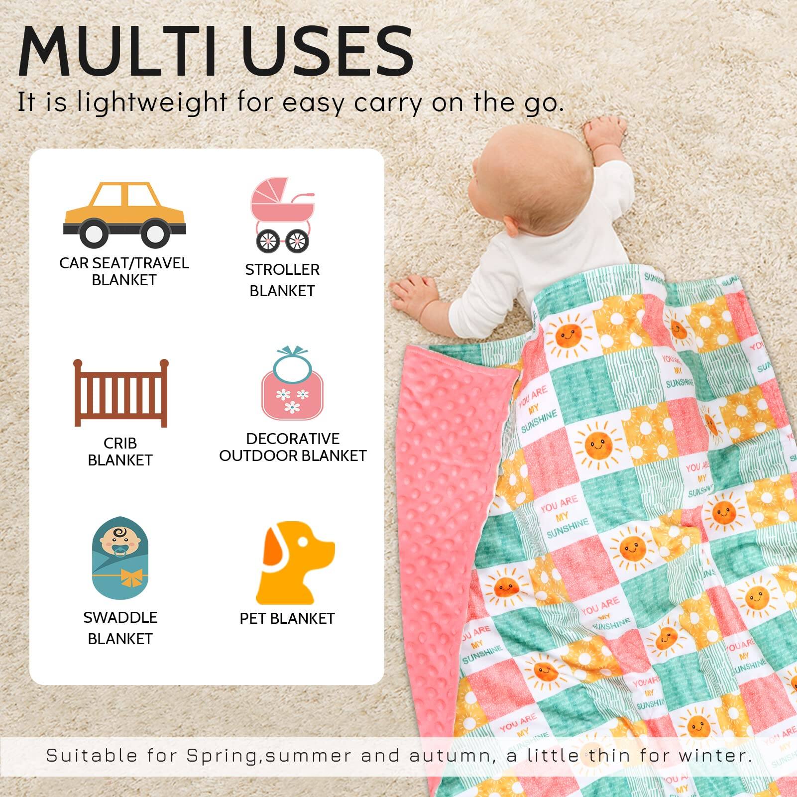 **MULTI USES**

It is lightweight for easy carry on the go.

- CAR SEAT/TRAVEL BLANKET
- STROLLER BLANKET
- CRIB BLANKET
- DECORATIVE OUTDOOR BLANKET
- SWADDLE BLANKET
- PET BLANKET

Suitable for Spring, summer and autumn, a little thin for winter.