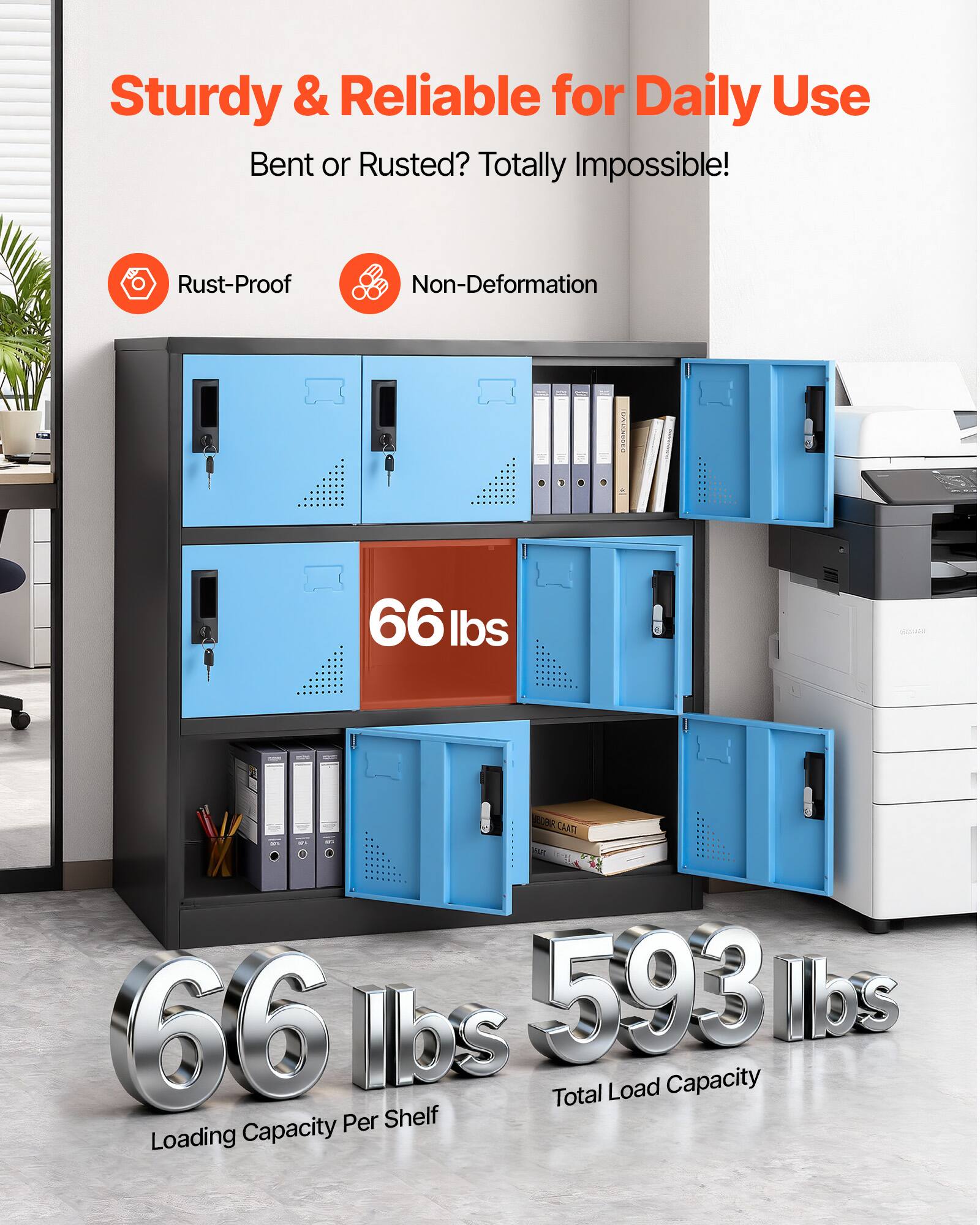 Sturdy & Reliable for Daily Use  
Bent or Rusted? Totally Impossible!  

Rust-Proof  
Non-Deformation  

66 lbs  
Loading Capacity Per Shelf  

593 lbs  
Total Load Capacity