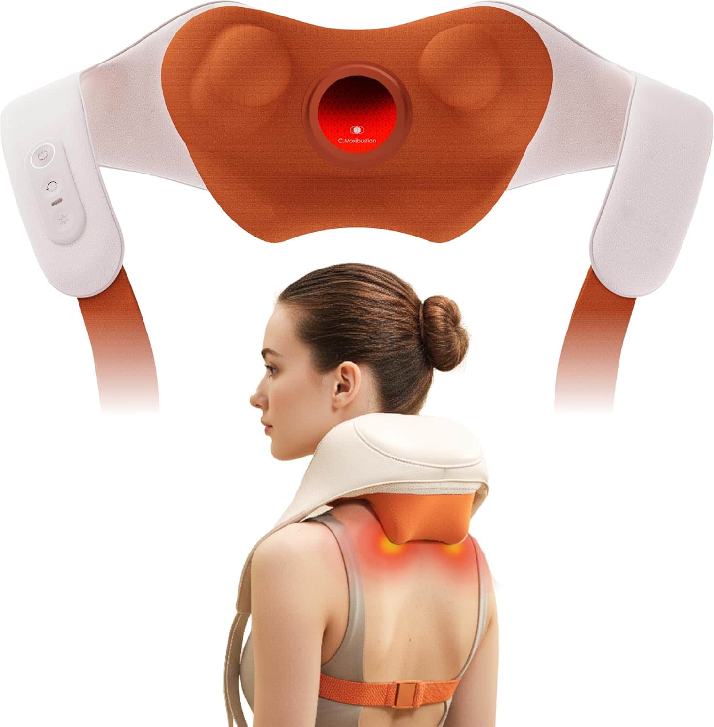 BREO - Neck Massager, Shoulder Opening Deep Tissue with Far-Infrared Heat, 6 Modes, APP & Voice Control, Lightweight, Full-Body - Orange