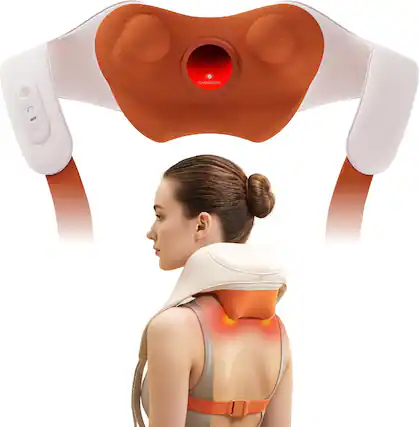 Front. BREO - Neck Massager for Pain Relief Deep Tissue Shiatsu with Heat, Shoulder Opening Full-Body Use - Orange.