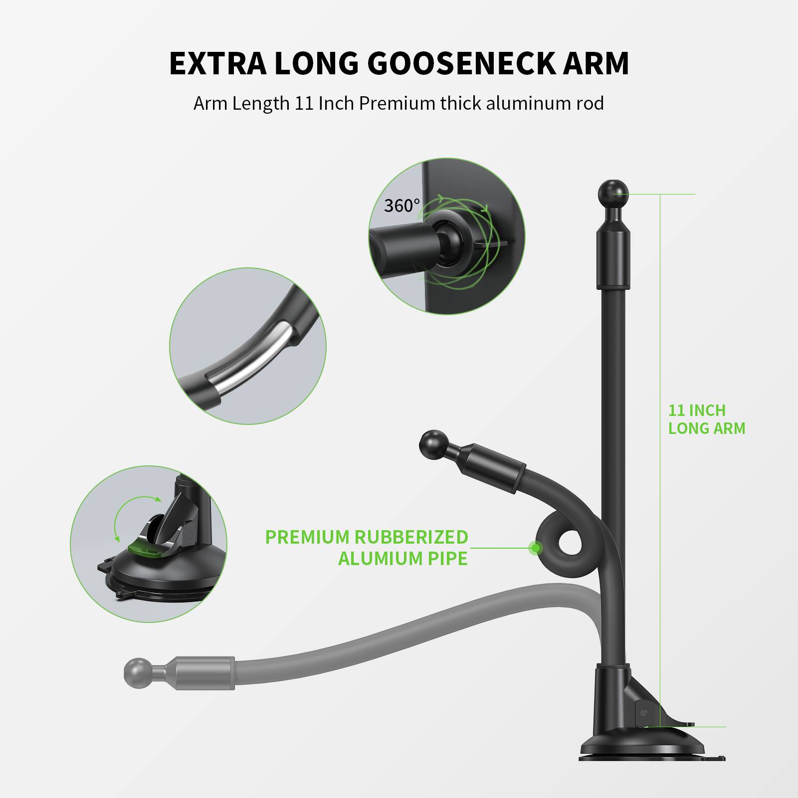 EXTRA LONG GOOSENECK ARM, Arm Length 11 Inch Premium thick aluminum rod, 360, 11 INCH LONG ARM, PREMIUM RUBBERIZED ALUMIUM PIPE