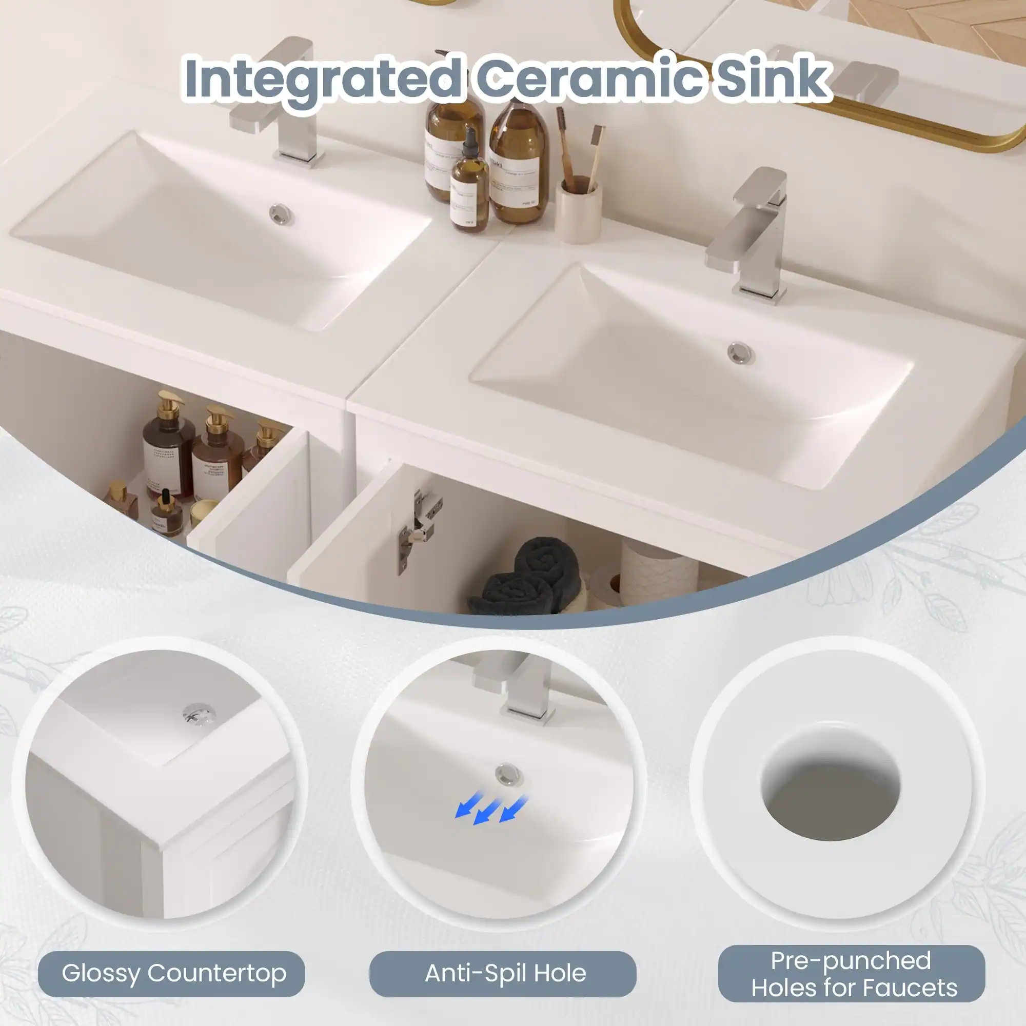 Integrated Ceramic Sink

- Glossy Countertop
- Anti-Spill Hole
- Pre-punched Holes for Faucets