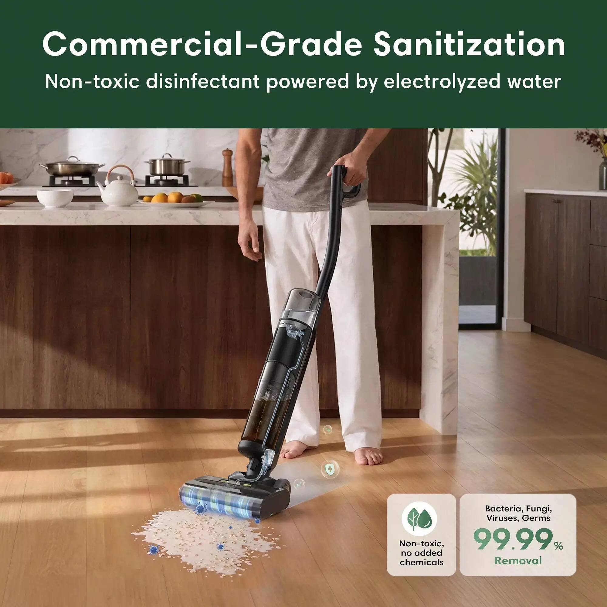 Commercial-Grade Sanitization  
Non-toxic disinfectant powered by electrolyzed water  

Bacteria, Fungi, Viruses, Germs  
Non-toxic, 99.99% removal, no added chemicals