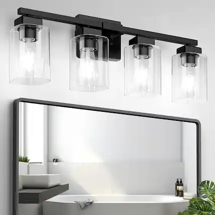Front. Nordic Hygge - 27-Inch Modern Black 4-Light Vanity Bathroom Light in Black.