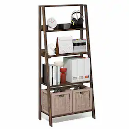 Furinno - LADDER Book Shelf, 5-Tier Ladder Shelf, Open Frame Design Bookshelf, Standing Display Storage Shelves, 13 x 23.6 x 53.5 - Amber Pine