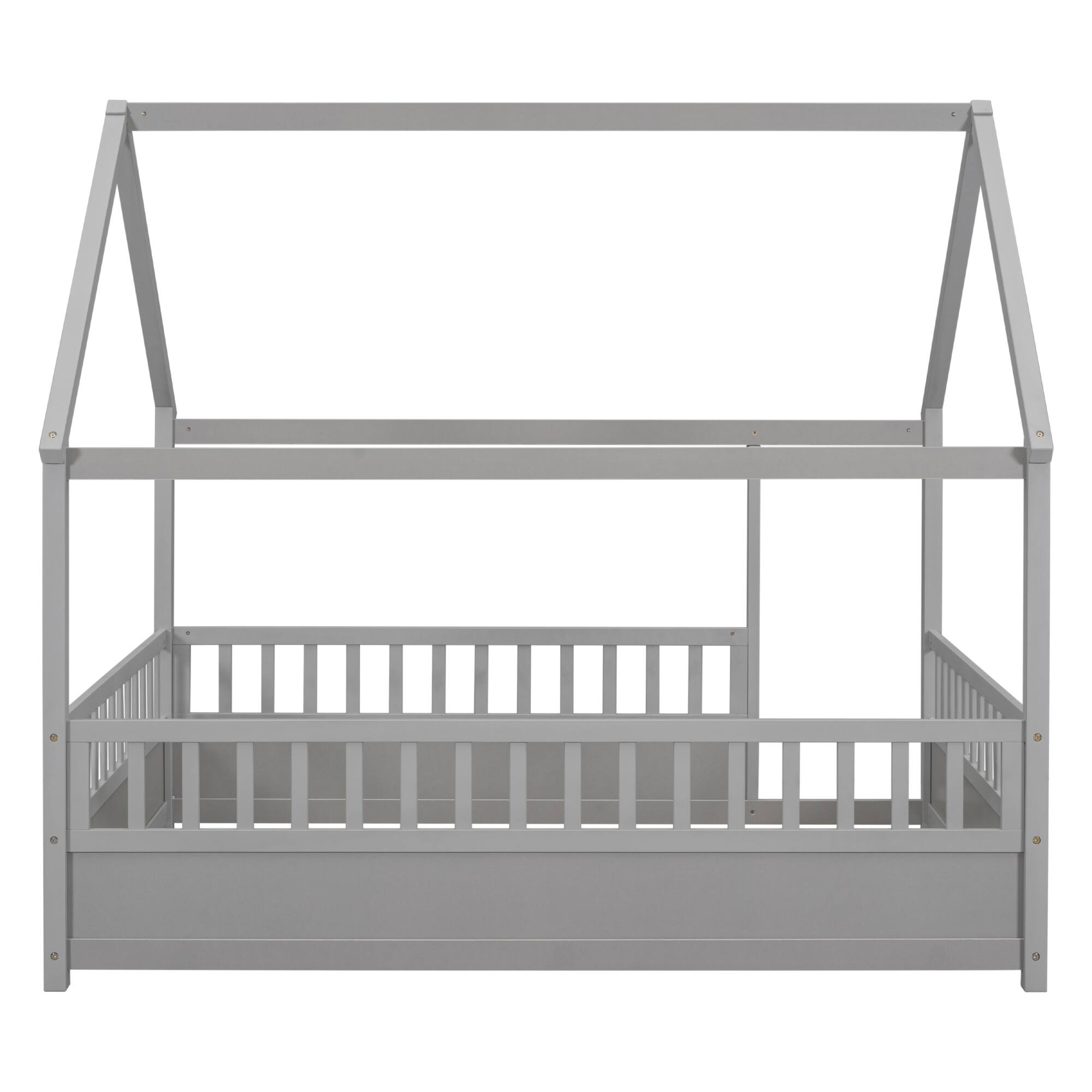Alt View 4. GOODSILO - Full Size Floor Bed with Decorative House Roof Frame and Safety Guardrails for Children's Bedroom - Grey.