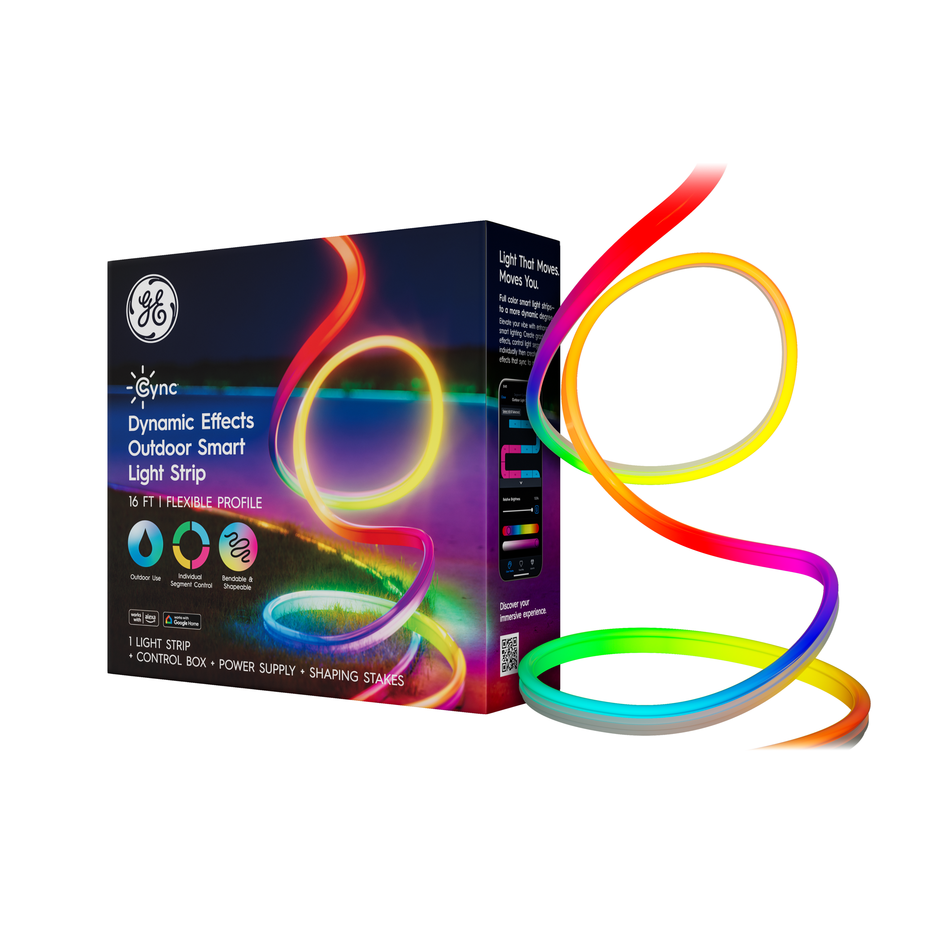 Sure, here is the corrected and grouped text from the image:
---
**Gync**
**Dynamic Effects Outdoor Smart Light Strip**
**16 FT FLEXIBLE PROFILE**
- **Outdoor Use**
- **Inductive Charging**
- **Remote & App Control**
**Light That Moves You**
Full color smart lighting with dynamic effects. Create a stunning display with the ability to control the color, brightness, and effects. Perfect for outdoor events, parties, and home decor.
**1 LIGHT STRIP + CONTROL BOX + POWER SUPPLY + SHAPING STAKES**
**Light Strip Control Box Power Supply Shaping Stakes**
**Discover your immersive experience**
---
**Light That Moves You**
Full color smart lighting with dynamic effects. Create a stunning display with the ability to control the color, brightness, and effects. Perfect for outdoor events, parties, and home decor.
---
**Outdoor User Guide**
**Inductive Charging**
**Remote & App Control**
---
**1 LIGHT STRIP**
**CONTROL BOX**
**POWER SUPPLY**
**SHAPING STAKES**
---
**Discover your immersive experience**
---
**Gync**
---
**Light Strip**
**16 FT FLEXIBLE PROFILE**
---
**Outdoor User Guide**
**Inductive Charging**
**Remote