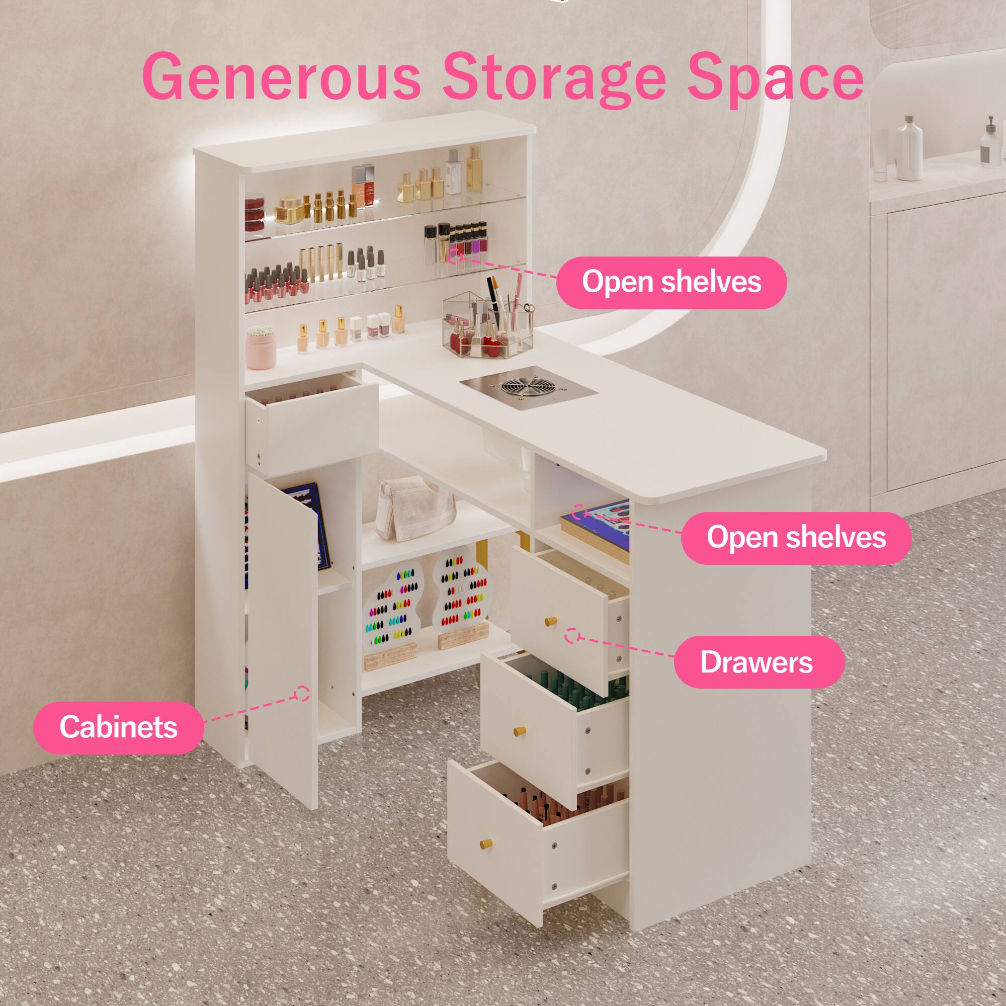 Generous Storage Space

- Open shelves
- Drawers
- Cabinets