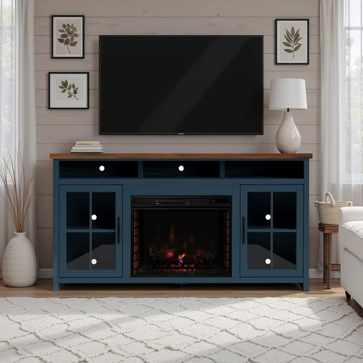 Loheer 74 inch farmhouse fireplace tv stand for 85 inch tv Blue