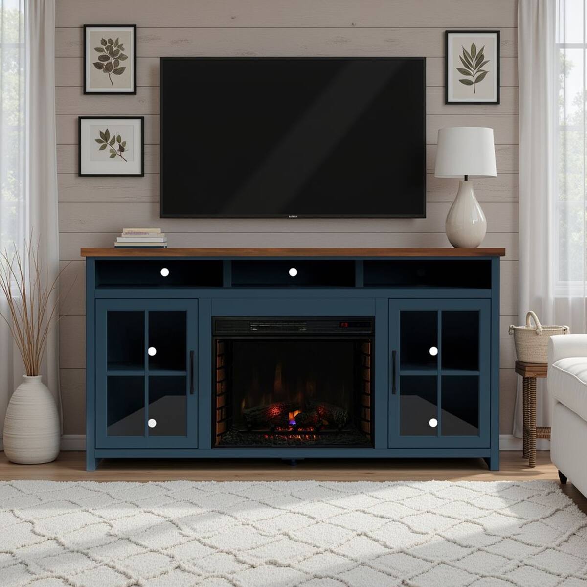 Front. Loheer - Loheer 74 inch farmhouse fireplace tv stand for 85 inch tv blue - Blue.