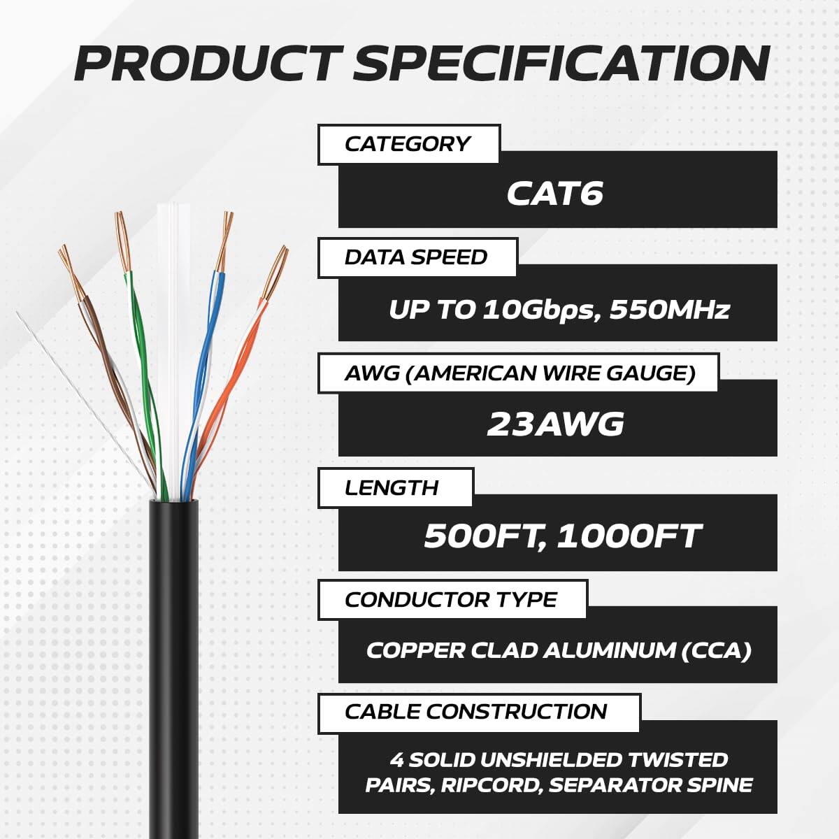 PRODUCT SPECIFICATION

CATEGORY: CAT6

DATA SPEED: UP TO 10Gbps, 550MHz

AWG (AMERICAN WIRE GAUGE): 23AWG

LENGTH: 500FT, 1000FT

CONDUCTOR TYPE: COPPER CLAD ALUMINUM (CCA)

CABLE CONSTRUCTION: 4 SOLID UNSHIELDED TWISTED PAIRS, RIPCORD, SEPARATOR SPINE