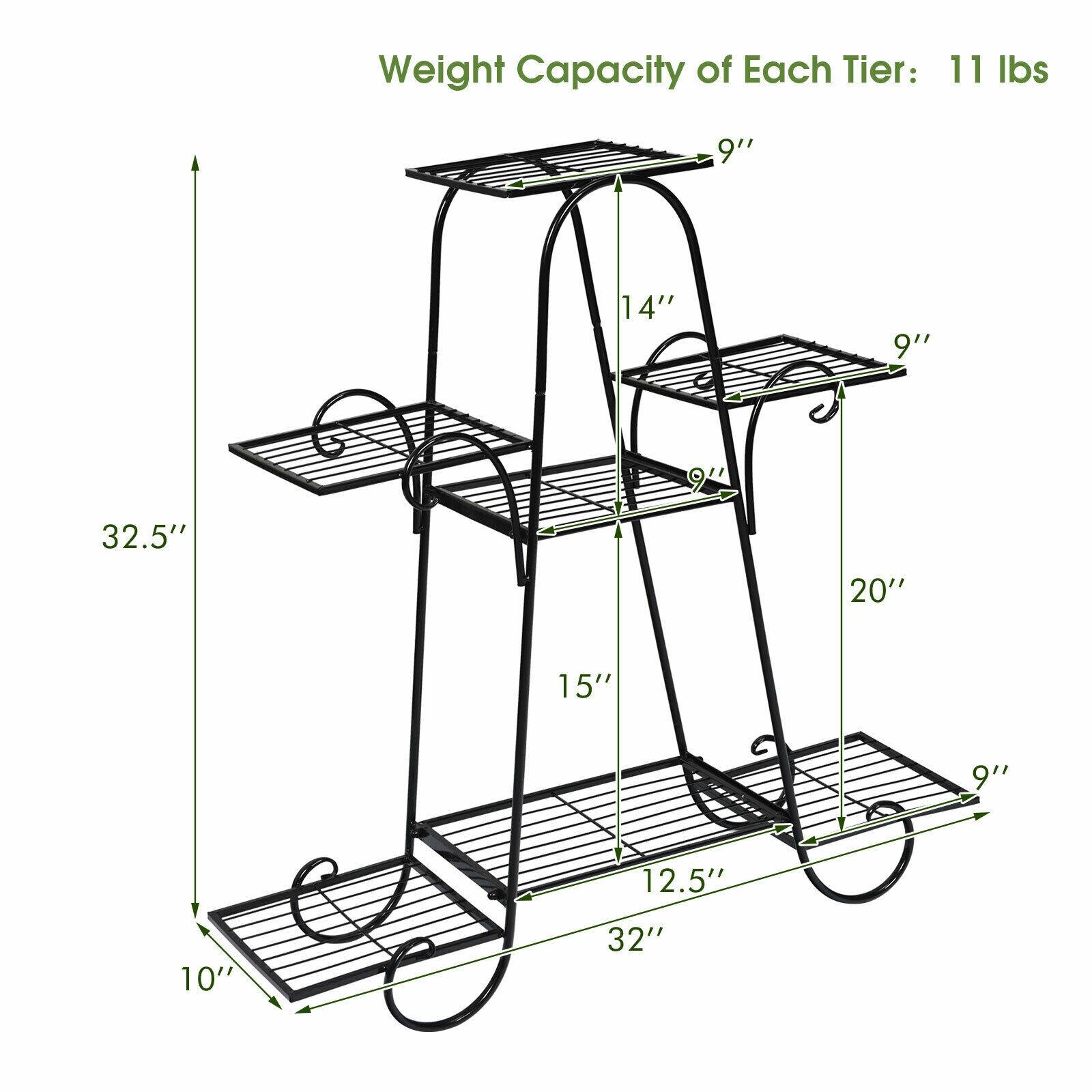 Weight Capacity of Each Tier: 11 lbs

Dimensions:
- Top Tier: 9" x 14"
- Second Tier: 9" x 20"
- Bottom Tier: 9" x 32"
- Height: 32.5"
- Width: 32"
- Depth: 12.5"
- Overall Height: 32.5"