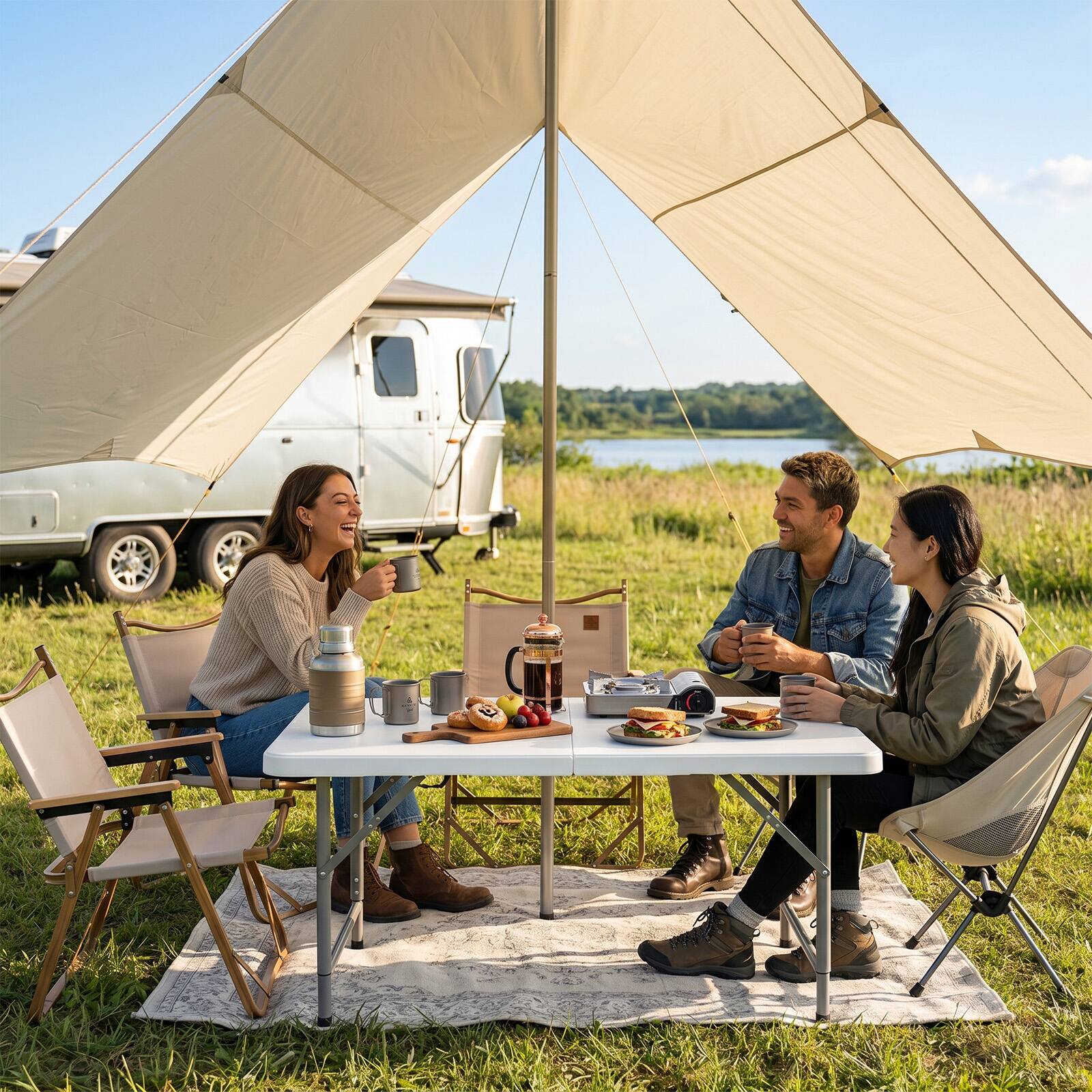 Alt View 3. Costway - Costway 4 ft Portable Camping Table with HDPE Tabletop & Metal Legs Safety Lock for Party - White.