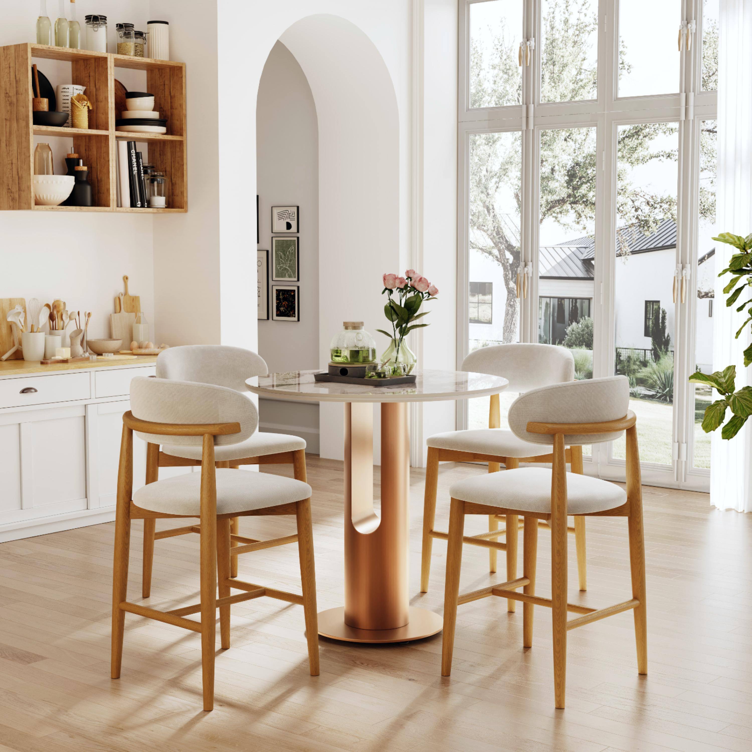 Left. POVISON - 24" Assembled Mid-Century Modern Wood Counter Height Bar Stools Set of 2, Beige & Cotton Linen Counter Stools with Backs - Beige & Light Walnut Cotton Linen.