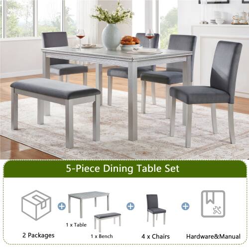 5-Piece Dining Table Set

- 2 Packages
- 1 x Table
- 1 x Bench
- 4 x Chairs
- Hardware & Manual