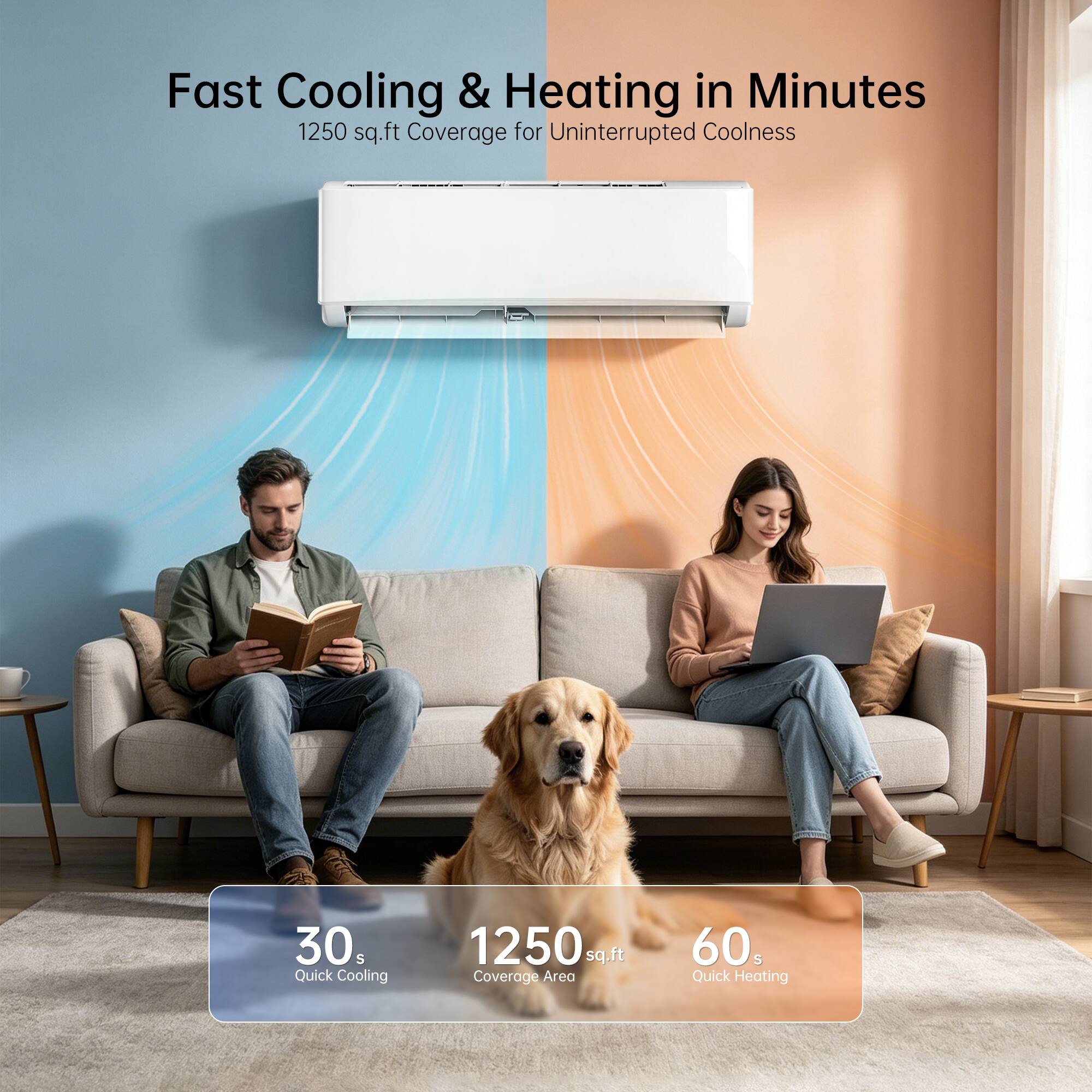 Fast Cooling & Heating in Minutes  
1250 sq.ft Coverage for Uninterrupted Coolness  

30s Quick Cooling  
1250 sq.ft Coverage Area  
60s Quick Heating