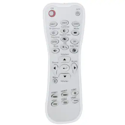 ON OFF
User1 User2 User3
Contrast Brightness
Aspect ratio Keystone
Mute DB 3D Sleep Timer
Volume+ Volume-
Source Re-sync Menu
HDMI1 HDMI2 Video
YPbpr VGA2 VGA1