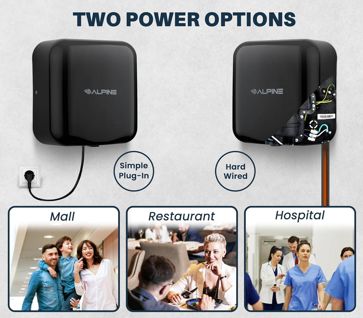 TWO POWER OPTIONS ALPINE ALPINE Simple Plug-In Hard Wired Mall Restaurant Hospital