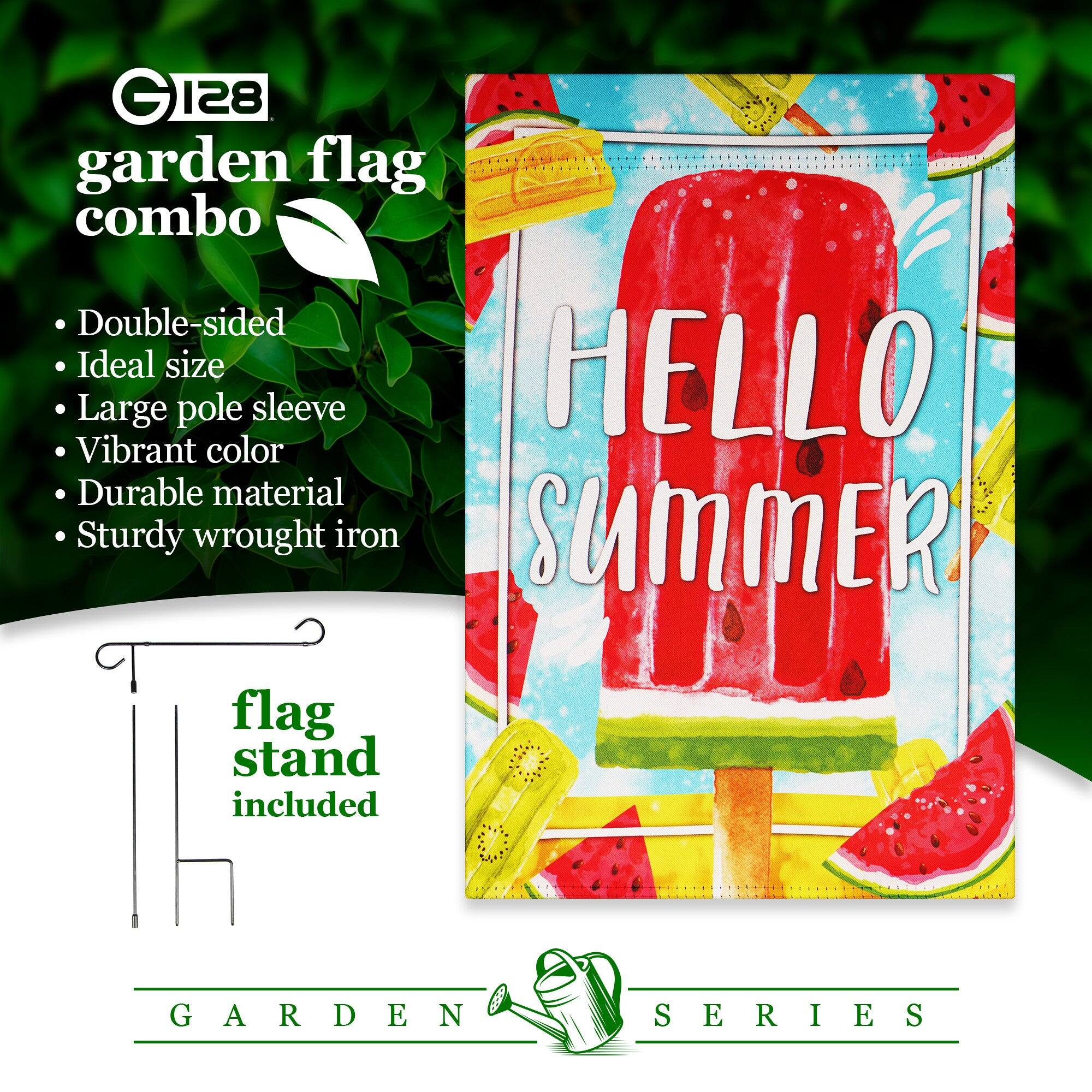 GI28 garden flag combo  
Double-sided  
Ideal size  
Large pole sleeve  
Vibrant color  
Durable material  
Sturdy wrought iron  
SUMMER flag stand included  
GARDEN SERIES