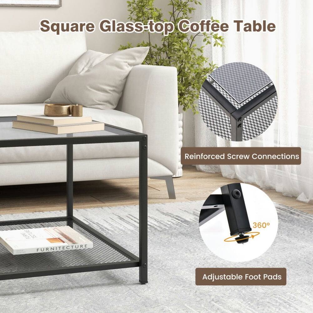 Square Glass-top Coffee Table  
Reinforced Screw Connections  
360° Adjustable Foot Pads
