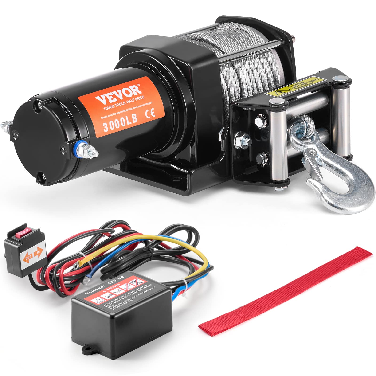 VEVOR - Electric Winch, 3000 lb Line Pull Capacity, 12V DC ATV/UTV Winch with Φ3/16 in x 39 ft 7 Strands Steel Cable Roller - Black