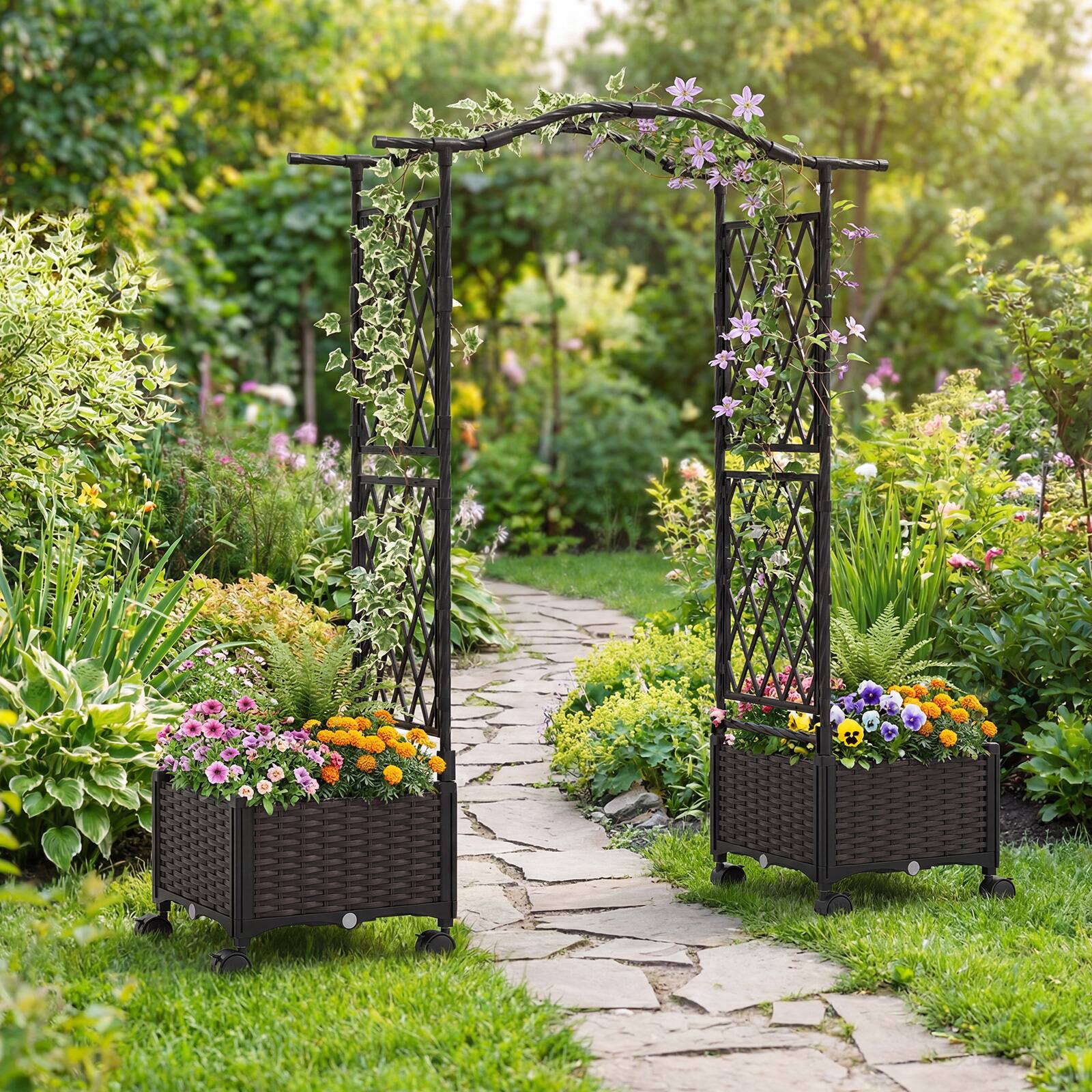 Alt View 1. Gymax - Gymax 2PCS 5 FT Self-Watering Planter Boxes w/Lattice Trellis & Roof Lockable Wheels - Brown.