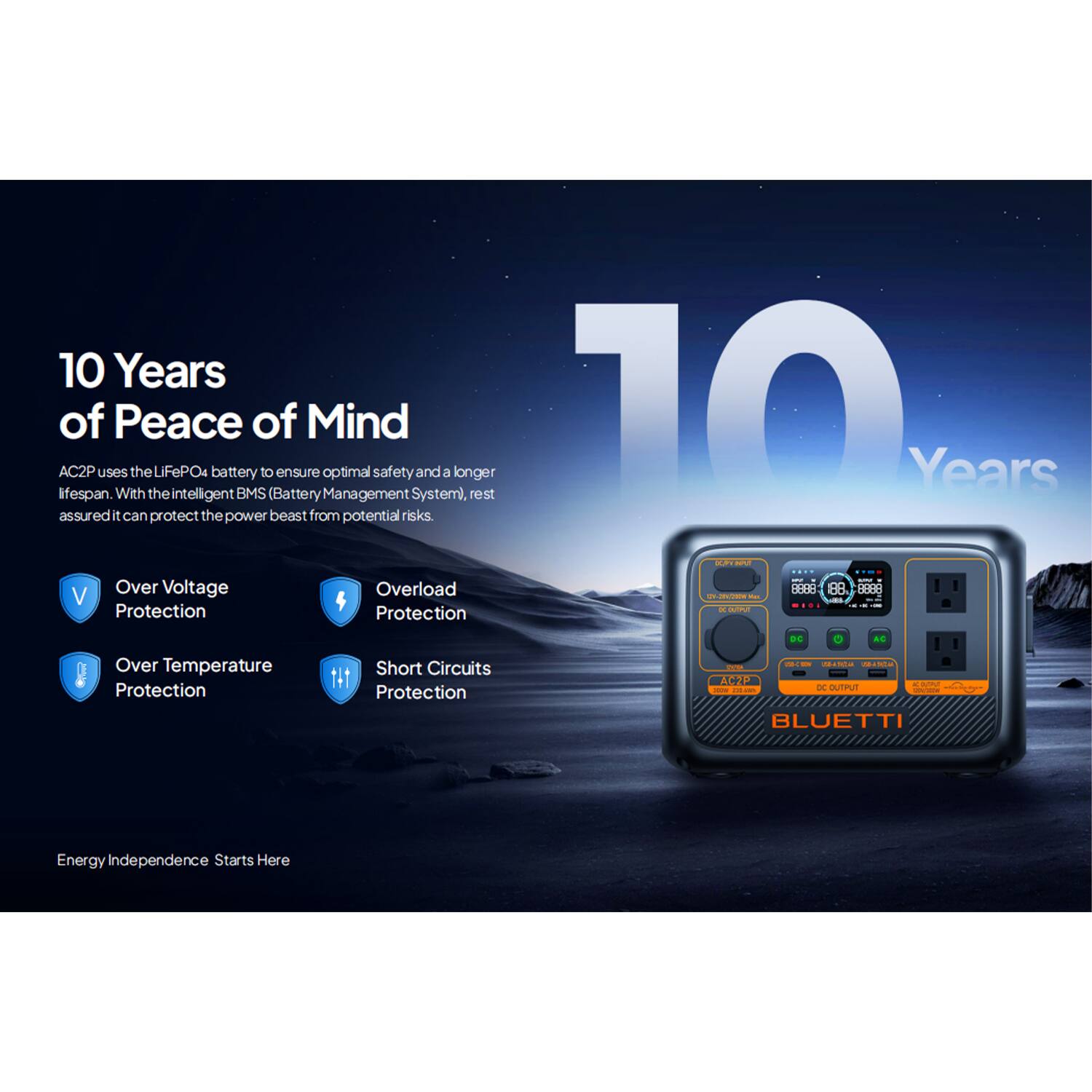 10 Years of Peace of Mind. With the intelligent battery BMS (Battery Management System), and a longer lifespan of 10 years, you can be assured it can protect the power beast from potential risks.