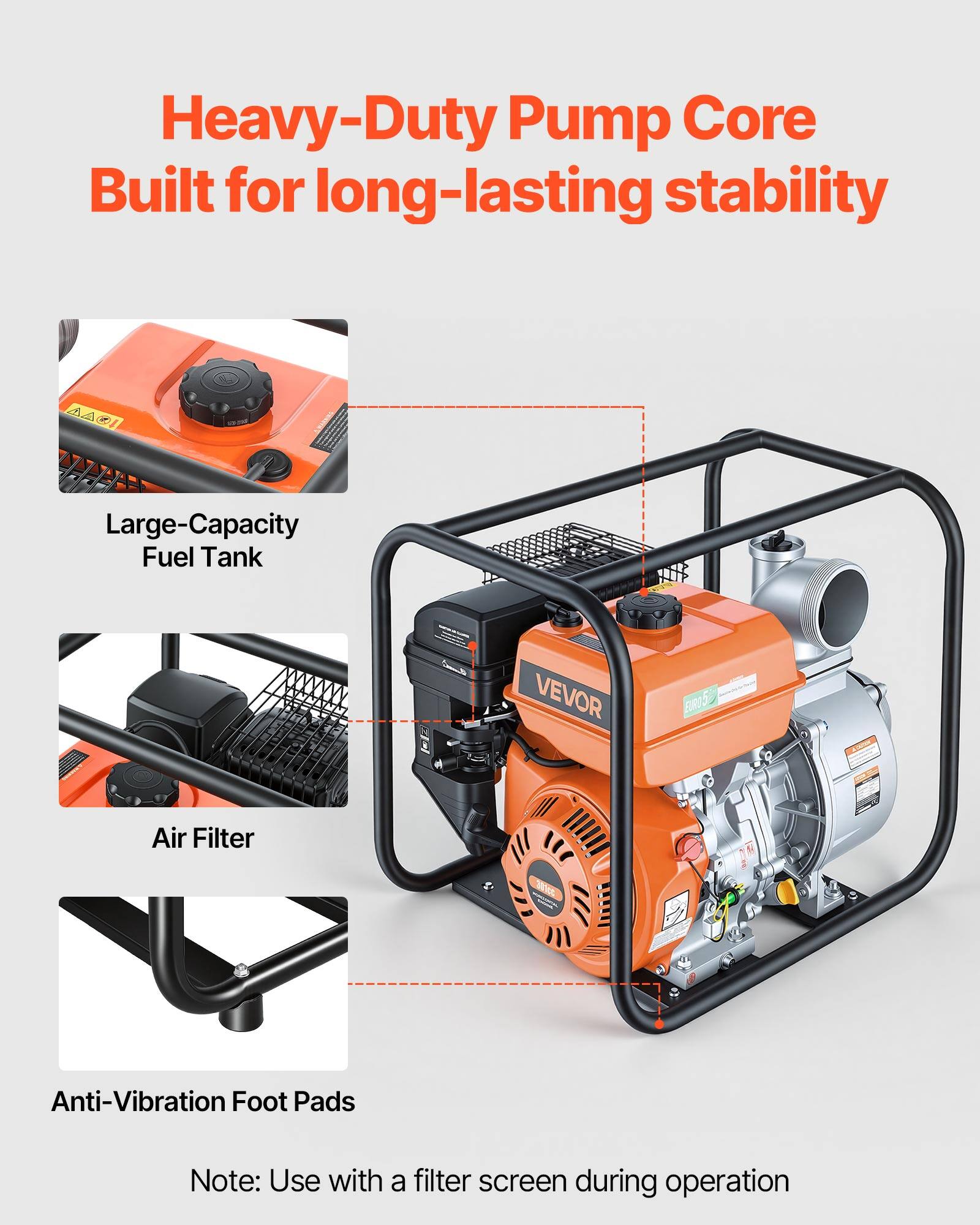 Heavy-Duty Pump Core Built for long-lasting stability

Large-Capacity Fuel Tank

Air Filter

Anti-Vibration Foot Pads

Note: Use with a filter screen during operation