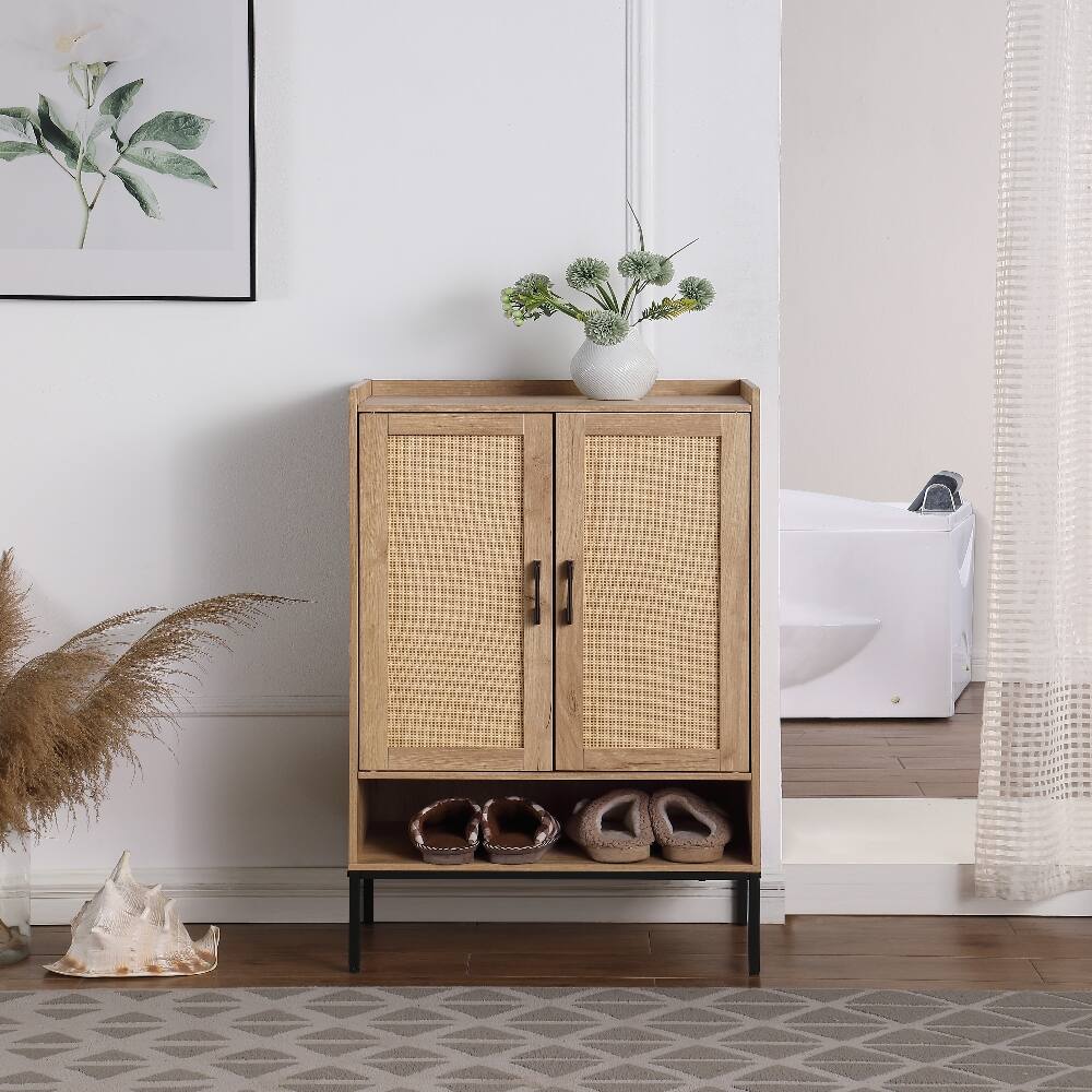 Alt View 3. Loheer - Loheer Rattan Door Shoe Cabinet 5-Tier Shoe Storage with Open Shelves Black and Natural - Black and Natural.